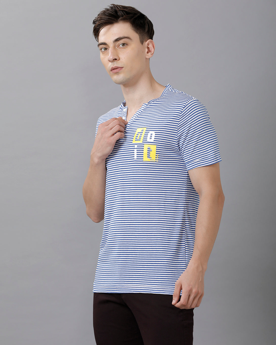 CP BRO Men's Cotton Striped Half Sleeve Slim Fit Y Neck Blue Color T-Shirt | Brcn 499