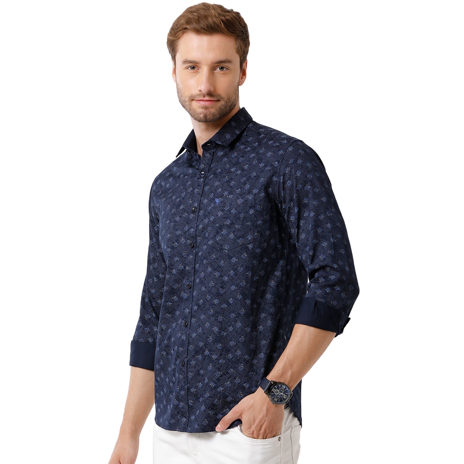 Swiss Club Mens Navy Blue Color Slim Fit Full Sleeve Shirt - S-SC-101 B-FS-PRT-BSL Shirts Swiss Club 