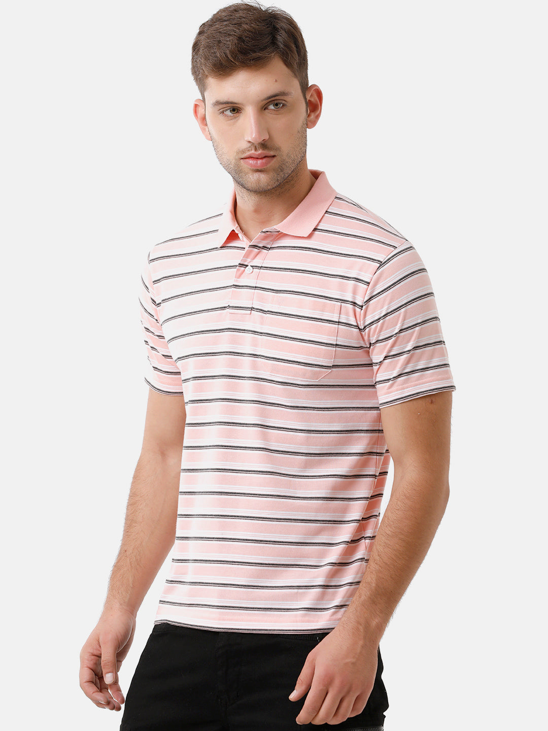 Classic Polo Mens Cotton Striped Half Sleeve Authentic Fit Polo Neck Peach Color T-Shirt | F.Flash 20