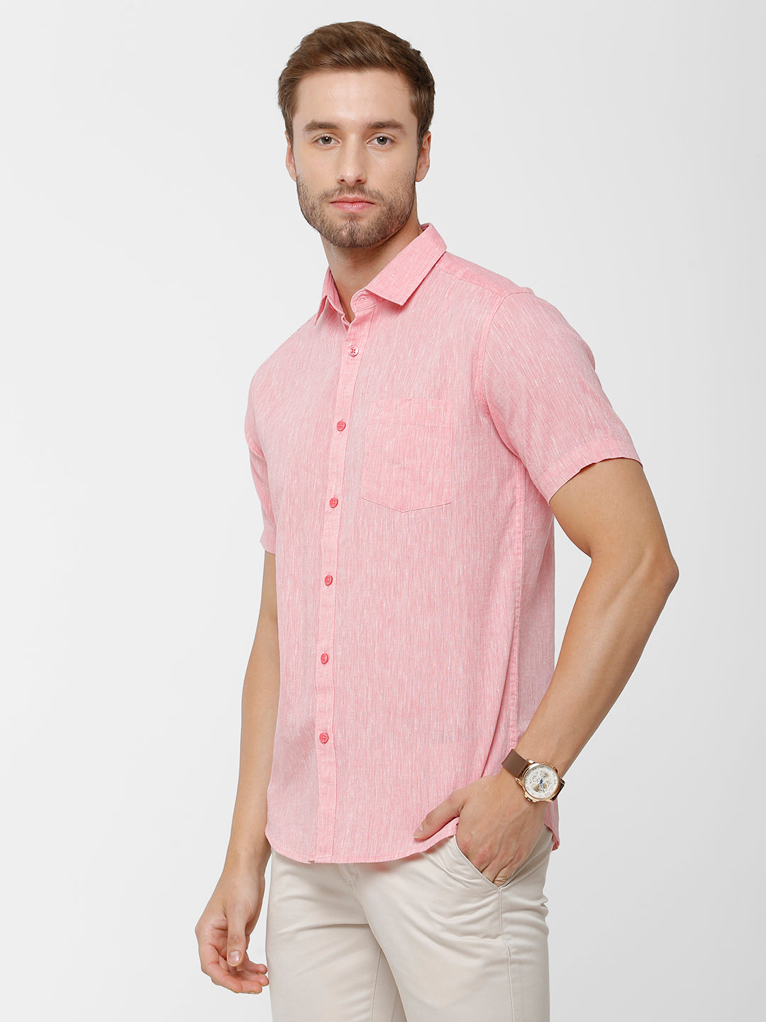 Classic Polo Mens Pink Linen Cotton Solid Full Sleeve Woven Shirt -Porsh Pink HS