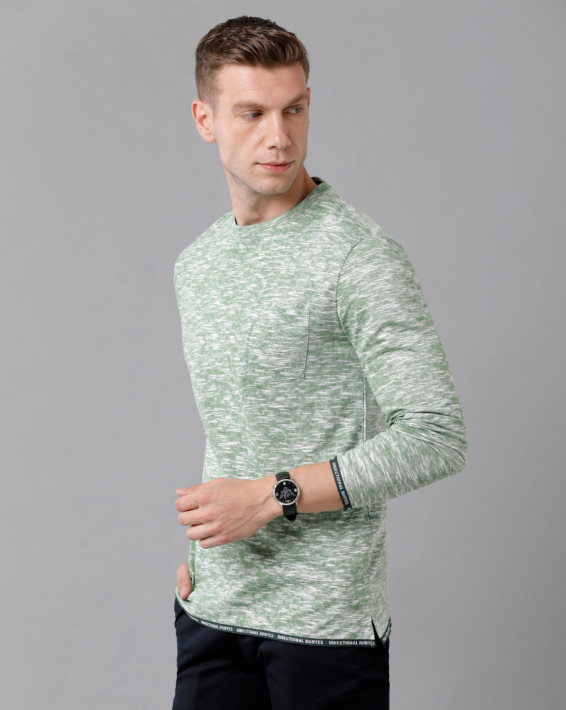 Classic Polo Men's Cotton Self Design Full Sleeve Slim Fit Round Neck Green Color T-Shirt | Baleno Fs - 481 A