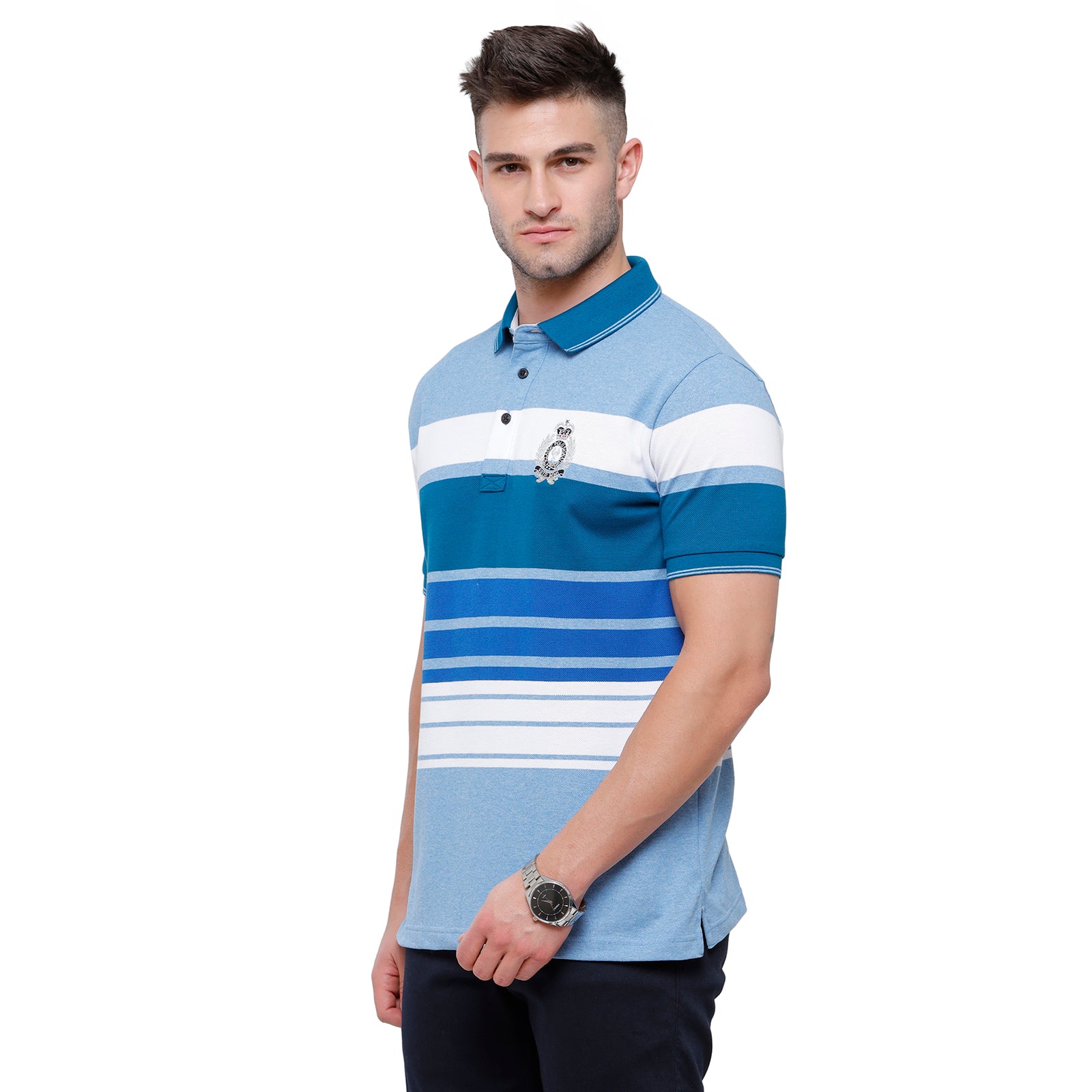 Classic Polo Mens Multi Blue Stripped Slim Fit Polo Neck T-Shirt - VTA 188 B T-shirt Classic Polo 