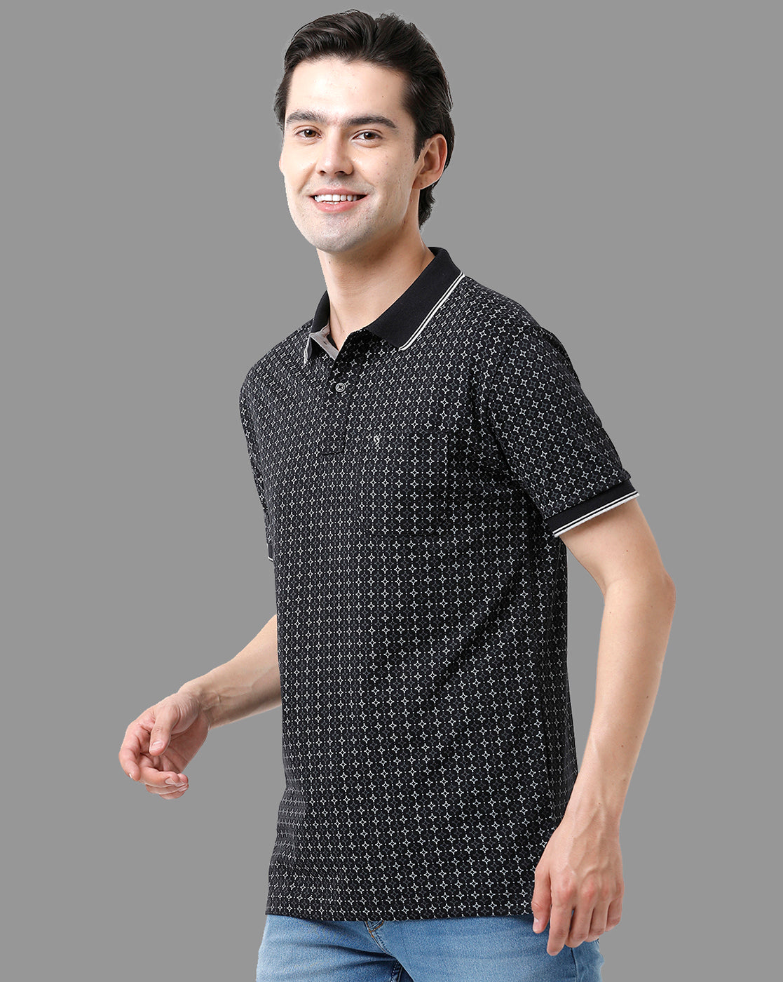 Classic Polo Mens Cotton Half Sleeve Printed Slim Fit Polo Neck Black Color T-Shirt | Bello - 184 B