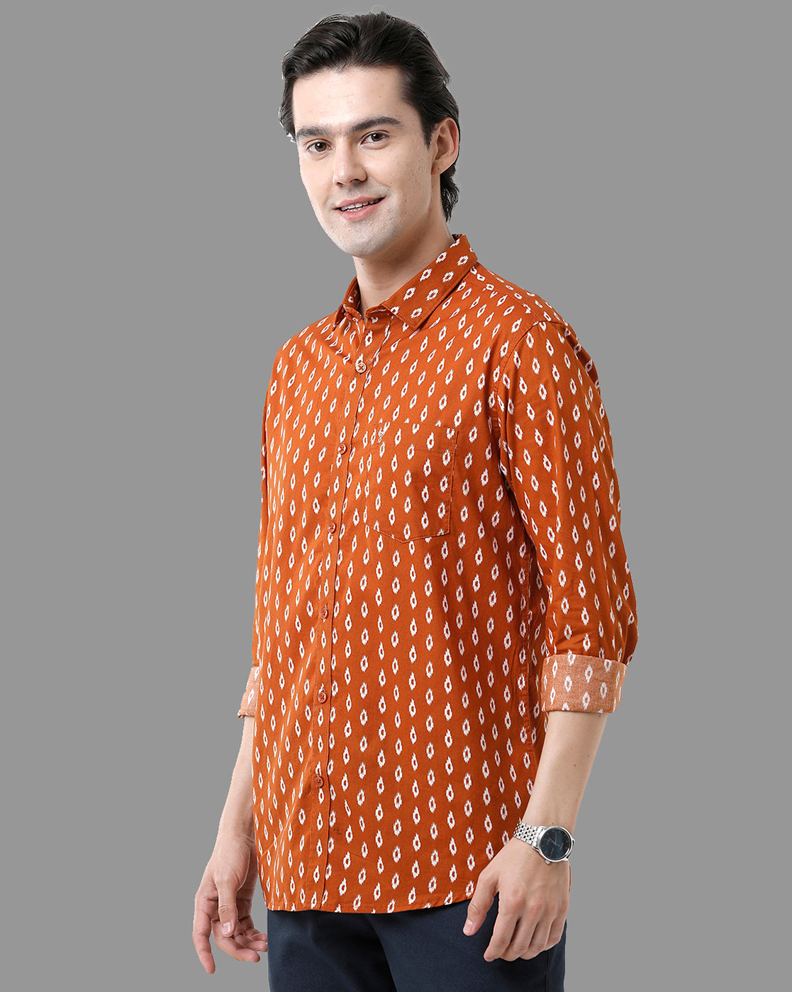 Classic Polo Mens Cotton Full Sleeve Checked Slim Fit Polo Neck Orange Color Woven Shirt | Sfd1-32 A