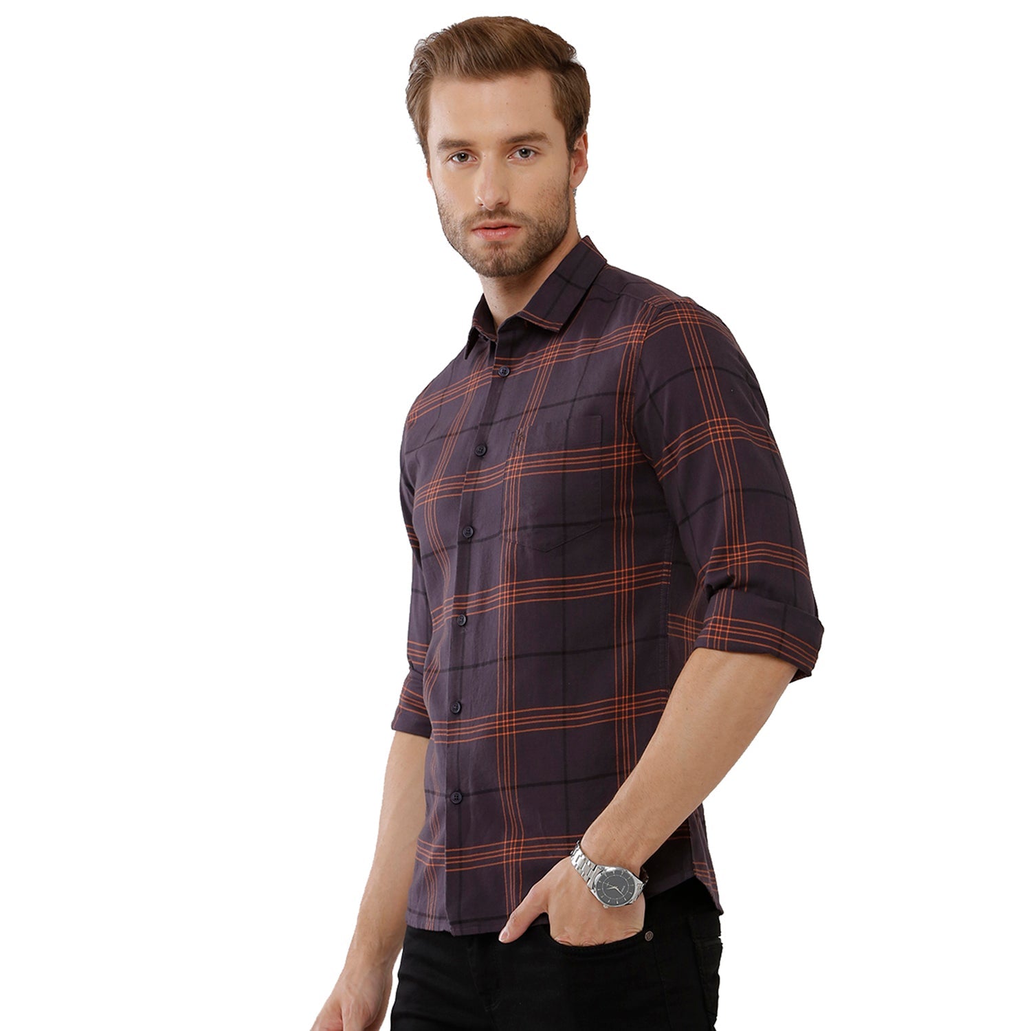 Classic Polo Bro Mens 100% Cotton Checked Full Sleeve Slim Fit Polo Neck Blue Color Woven Shirt (SBN1-58 B-FS-CHK-BSL) Classic Polo 