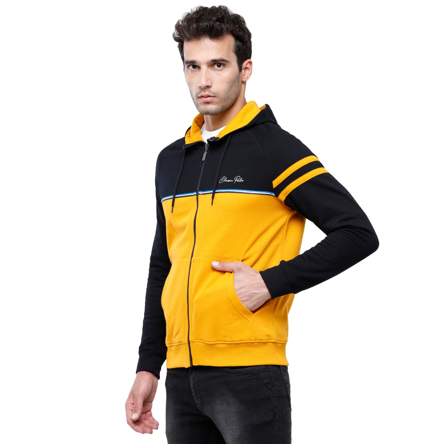 Classic Polo Men's Color Block Full Sleeve Yellow & Black Hood Sweat Shirt - CPSS-330A Sweat Shirts Classic Polo 