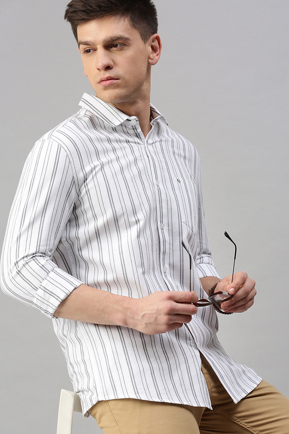 Classic Polo Men's Cotton Full Sleeve Striped Slim Fit Polo Neck White Color Woven Shirt | So1-127 A