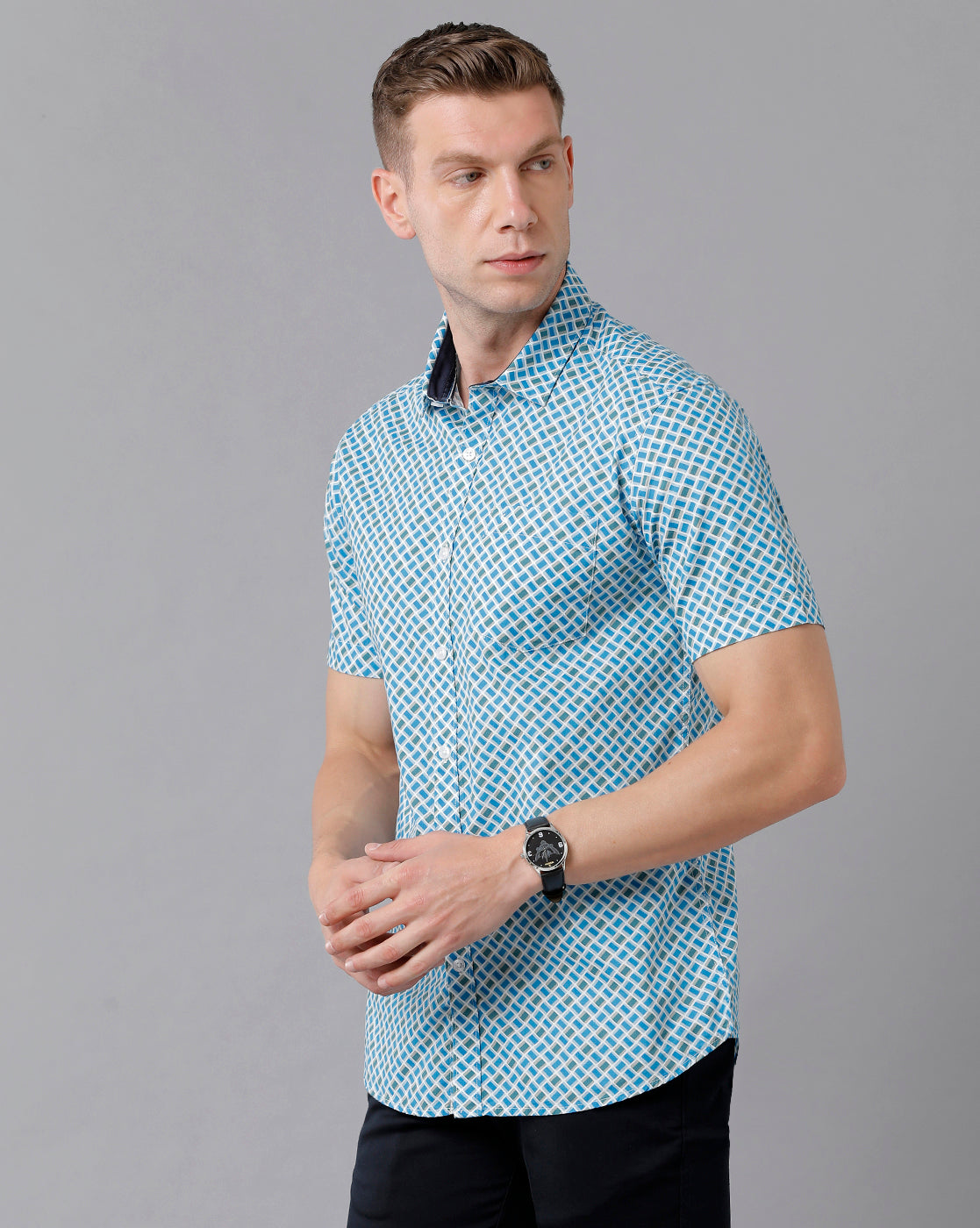 Classic Polo Men's Cotton Printed Half Sleeve Slim Fit Polo Neck Blue Color Woven Shirt | Sfd2- 19