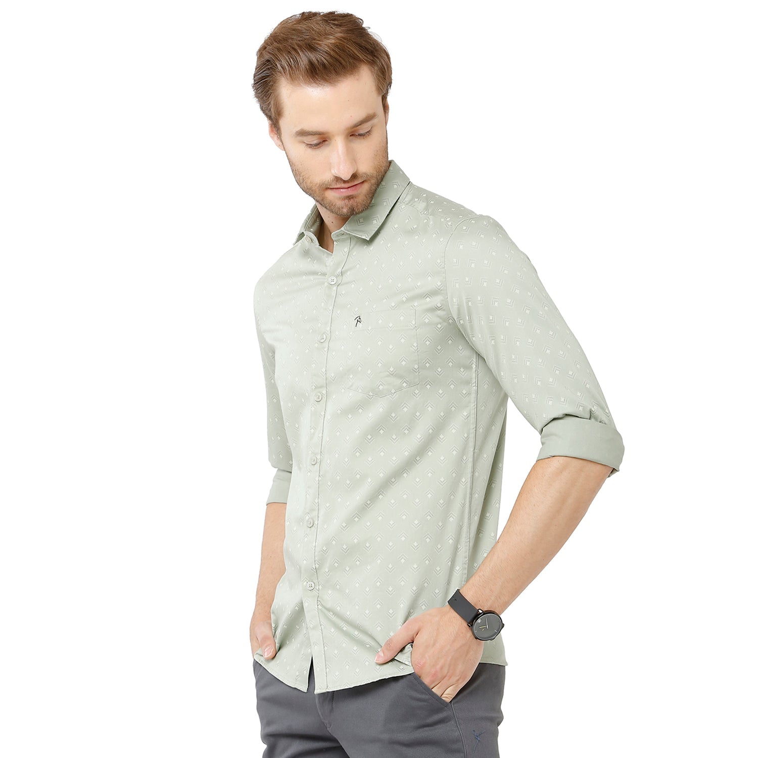Classic Polo Bro Mens 100% Cotton Printed Full Sleeve Slim Fit Polo Neck Grey Color Woven Shirt (SBN1-34 B-FS-PRT-BSL) Classic Polo 