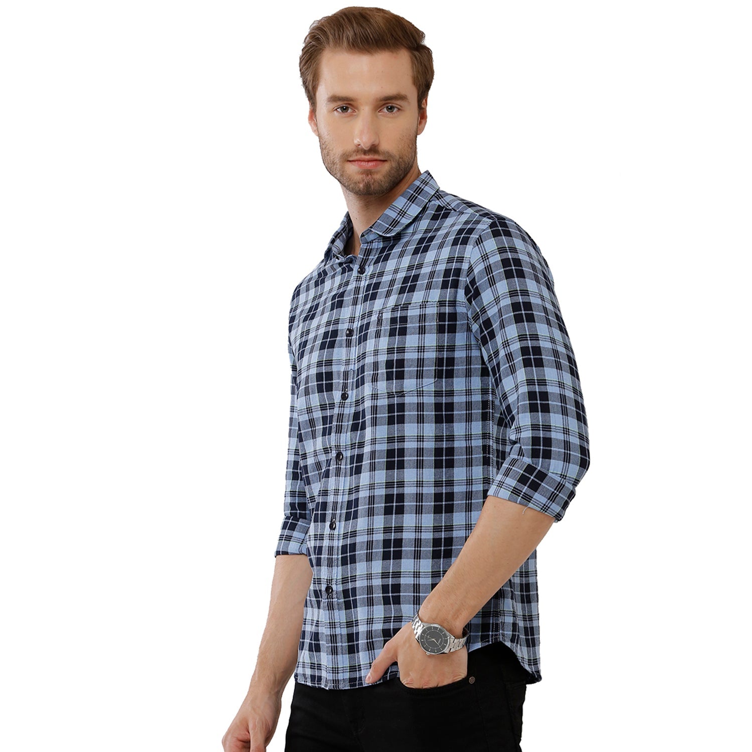Classic Polo Mens 100% Cotton Full Sleeve Checked Slim Fit Blue color Woven Shirt -SN1 135 A Shirts Classic Polo 
