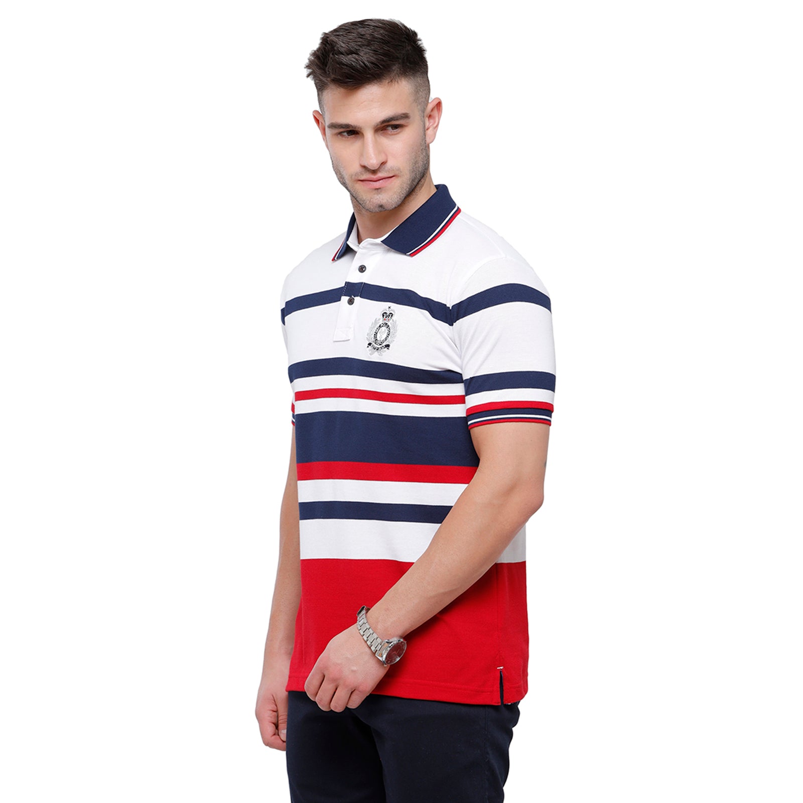 Classic Polo Mens White & Blue Stripped Half Sleeve Slim Fit Polo Neck T-Shirt - Vta 186 A T-shirt Classic Polo 