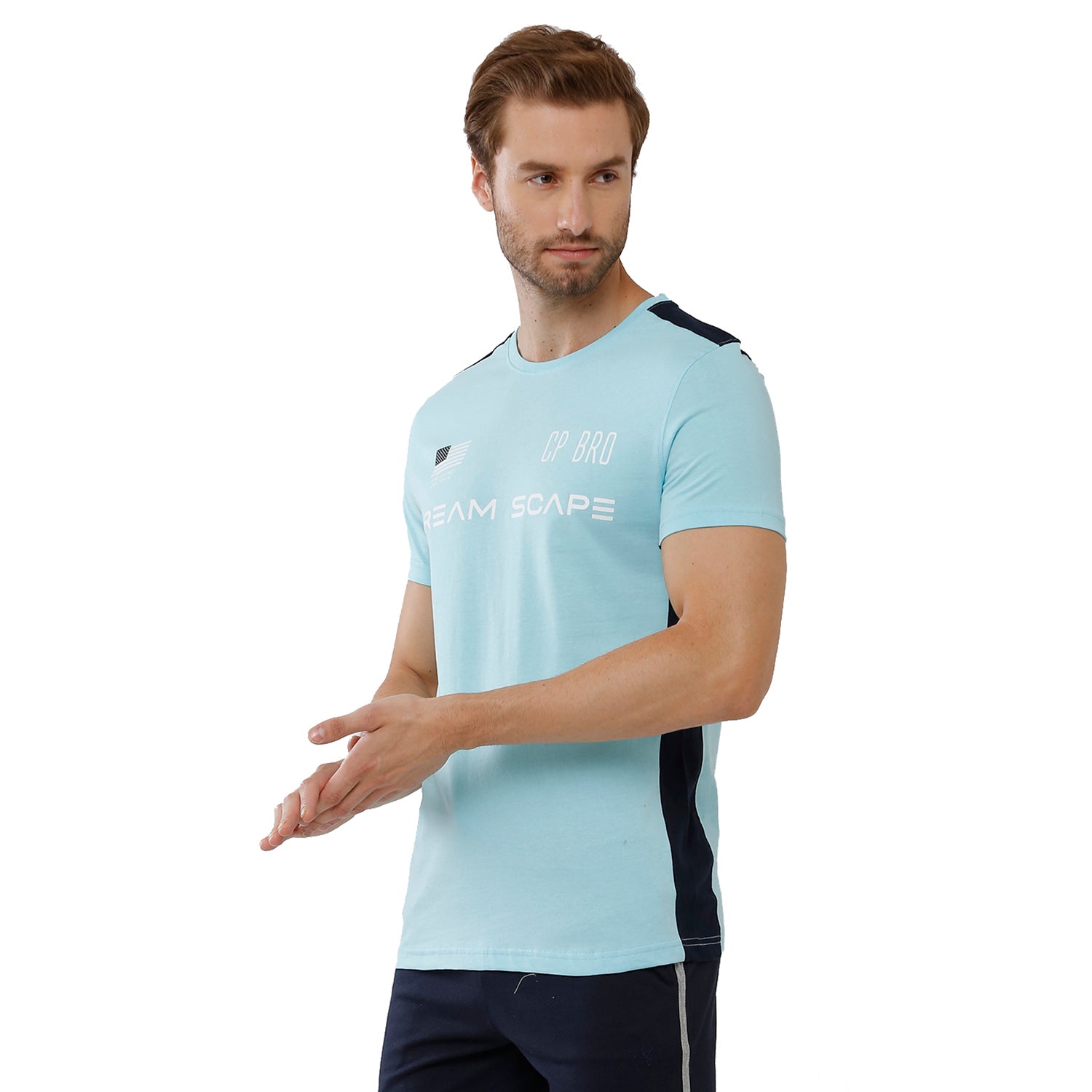 Classic Polo Bro Mens 100% Cotton Color Block Half Sleeve Slim Fit Crew Neck Light Blue Color T-Shirt (BRCN - 462 B SF C) Classic Polo 