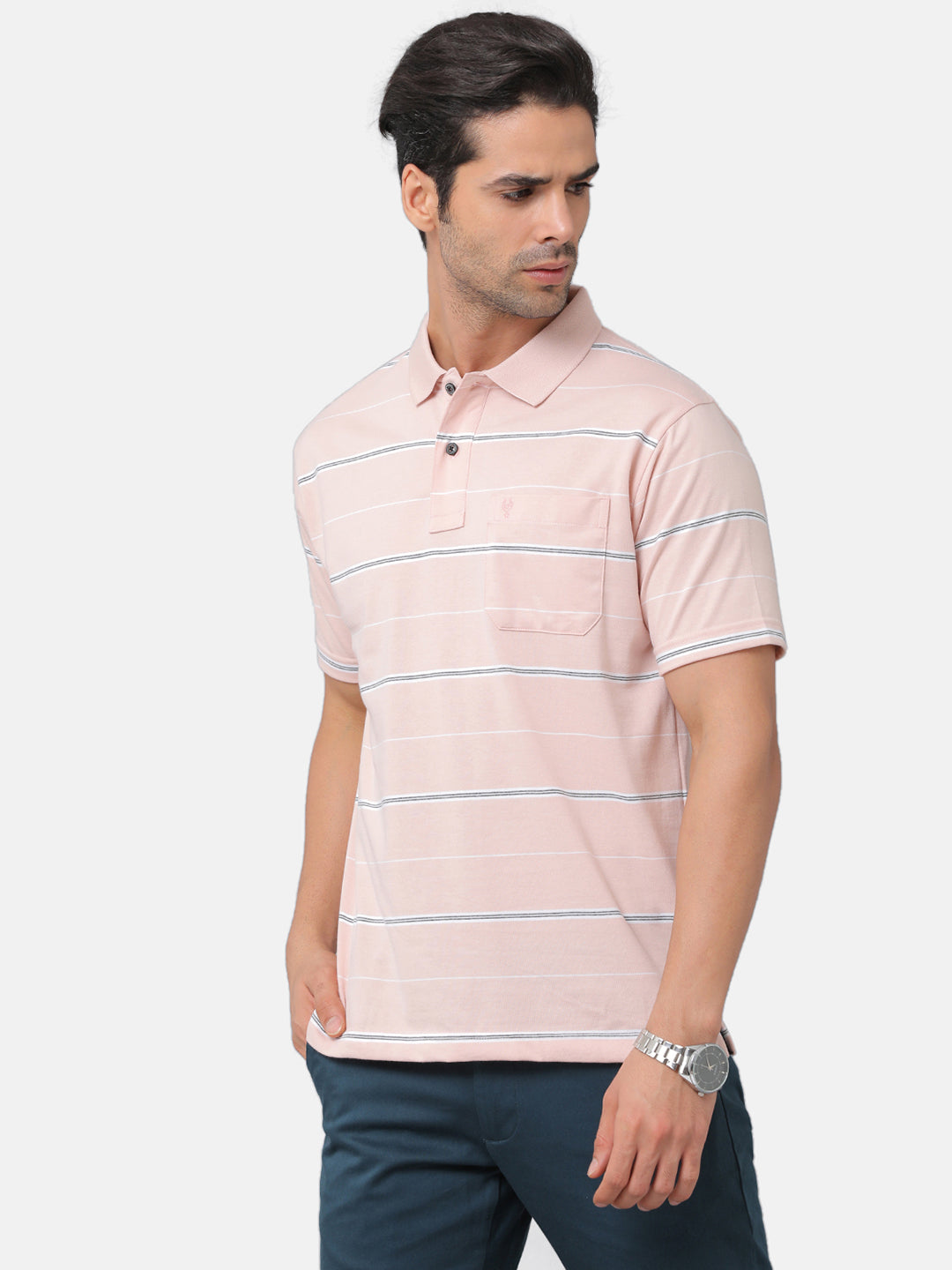 Classic Polo Mens Cotton Blend Striped Authentic Fit Polo Neck Pink Color T-Shirt | Avon 477b