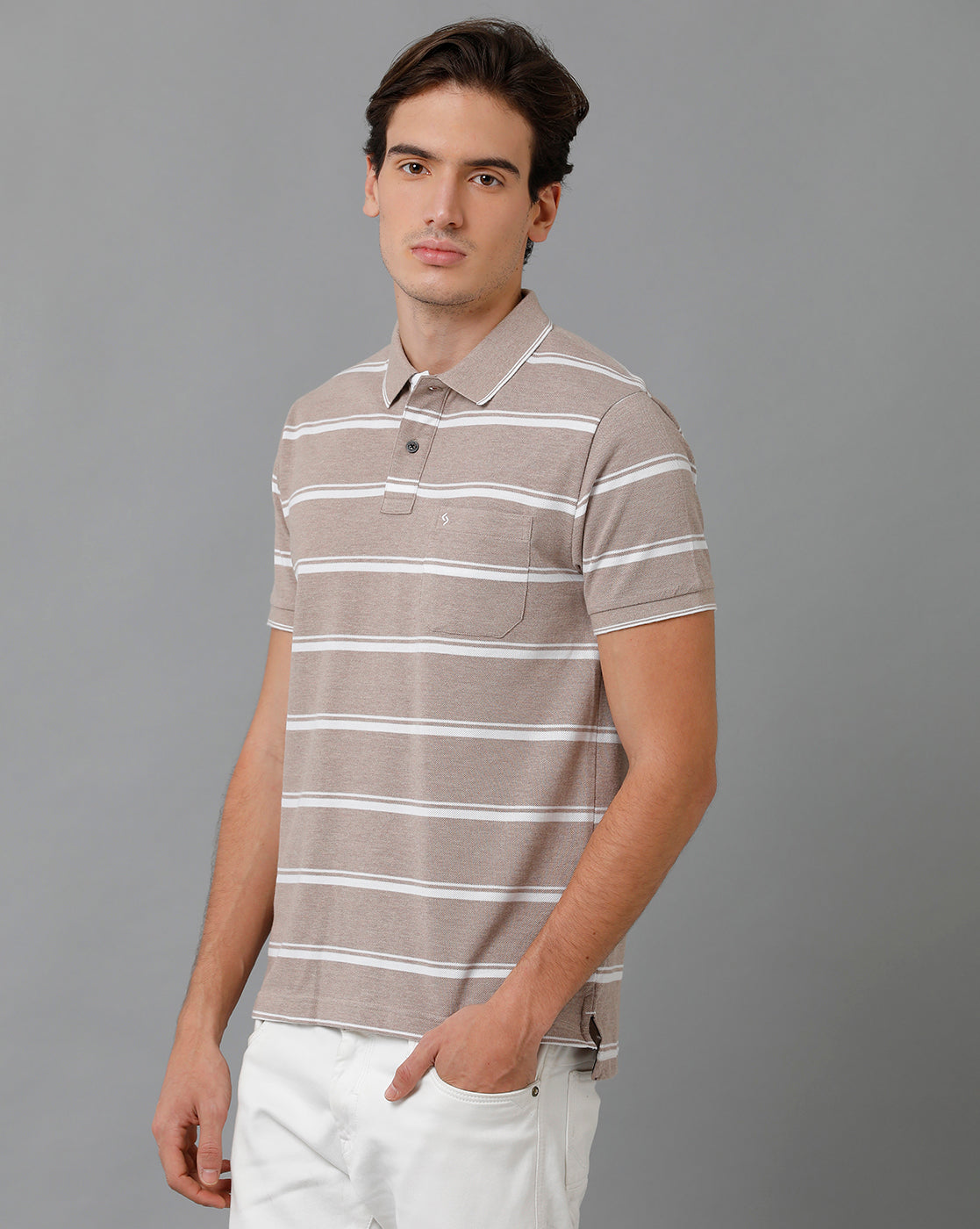 Classic Polo Men's Cotton Blend Half Sleeve Striped Slim Fit Polo Neck Brown Color T-Shirt | Adore - 194 A