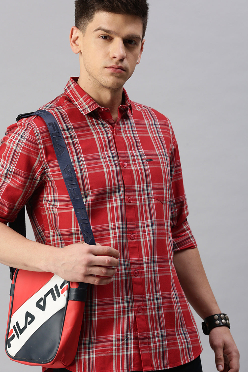 Classic Polo Men's Cotton Full Sleeve Checked Slim Fit Polo Neck Red Color Woven Shirt | So1-93 B