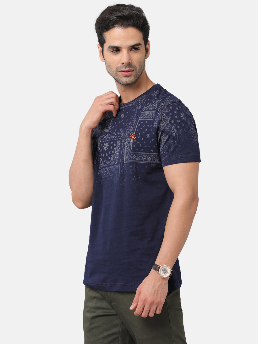 CP BRO Men's Cotton Printed Slim Fit Round Neck Navy Blue Color T-Shirt | Brcn-510