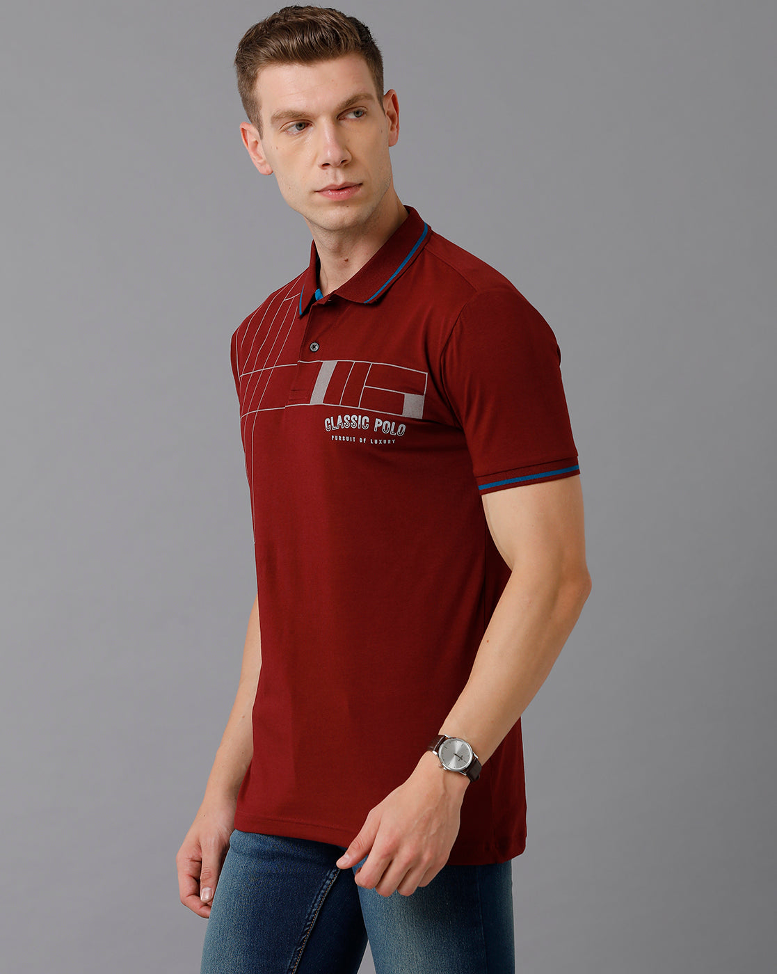 Classic Polo Men's Cotton Printed Slim Fit Maroon T-Shirt | Prm - 726 B