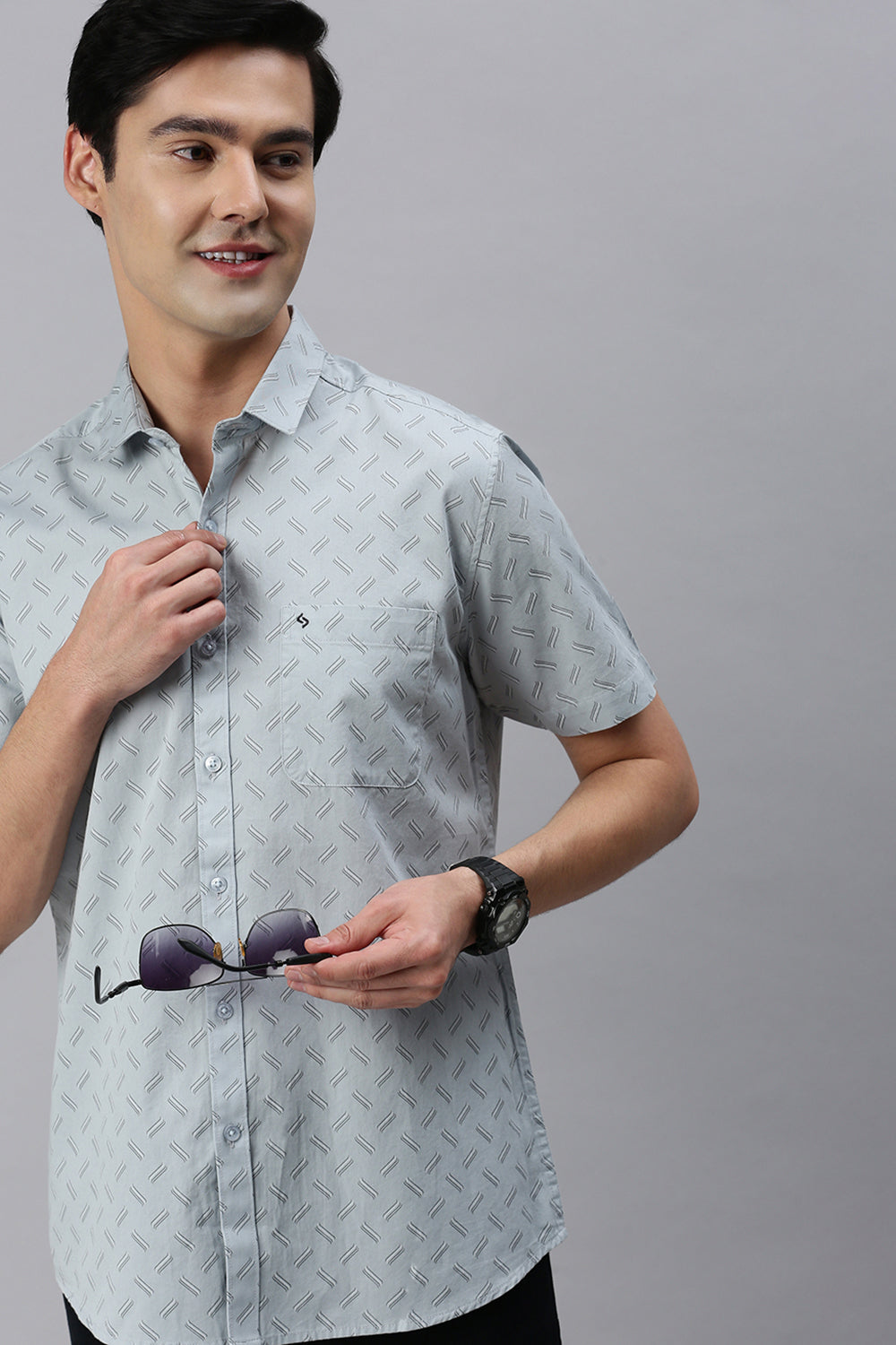 Classic Polo Men's Cotton Half Sleeve Printed Slim Fit Polo Neck Light Blue Color Woven Shirt | So1-07 A