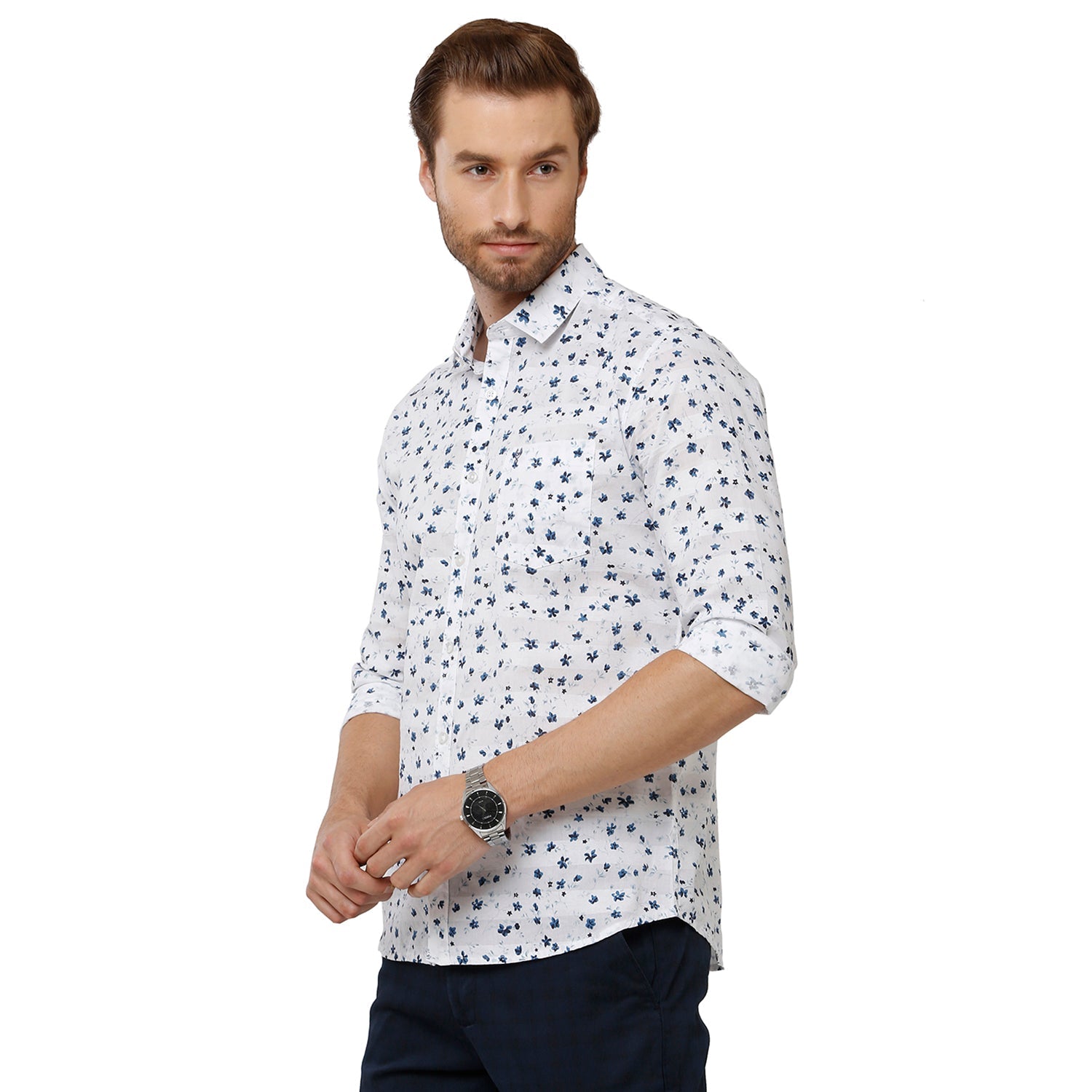 Classic Polo Mens 100% Cotton Full Sleeve Printed Slim Fit White Color Woven Shirt -SN1-86 B Shirts Classic Polo 