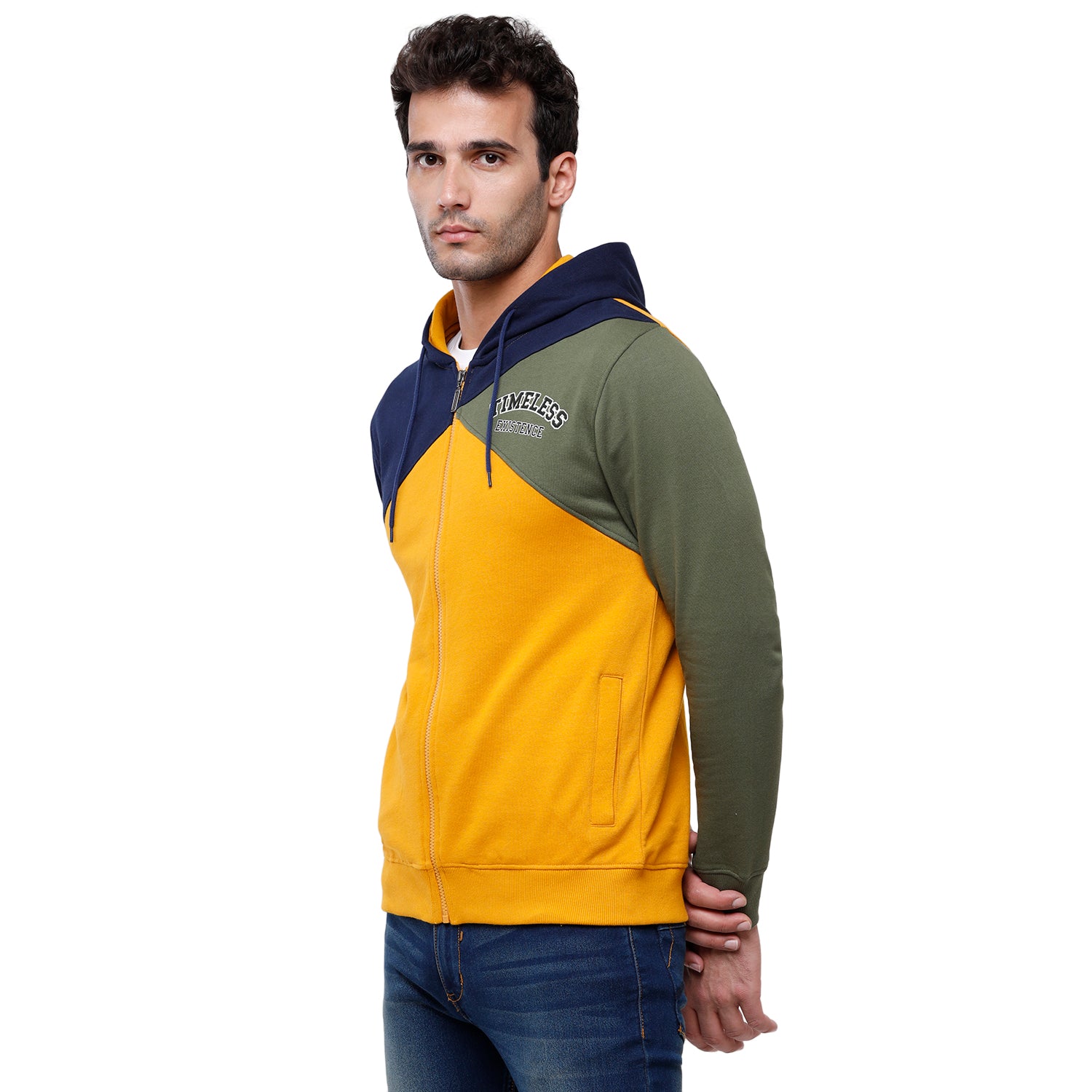 Classic Polo Men's Color Block Full Sleeve Yellow & Blue Hood Sweat Shirt - CPSS - 326A Sweat Shirts Classic Polo 