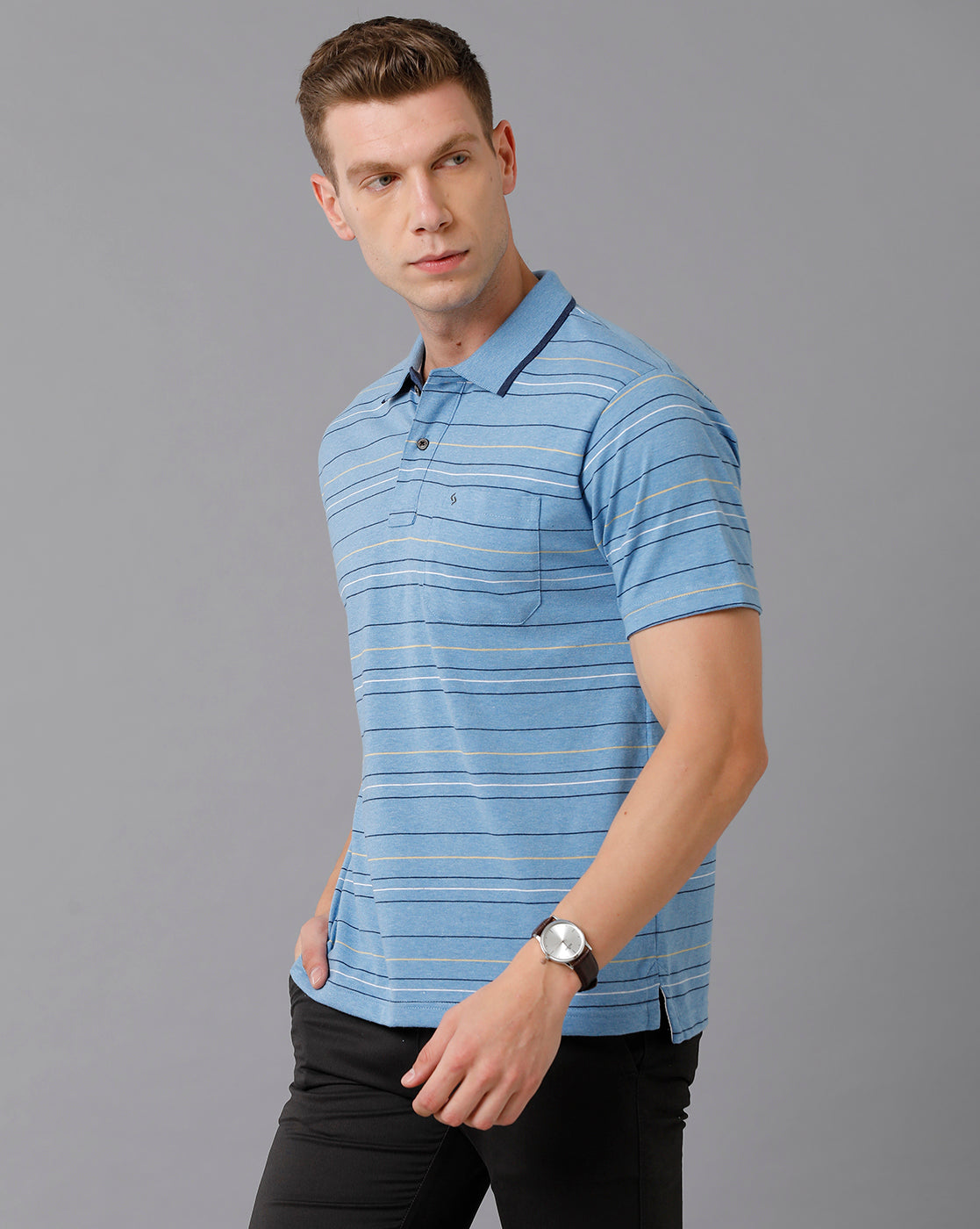 Classic Polo Men's Cotton Blend Striped Authentic Fit Blue T-Shirt | Mel - 215 B