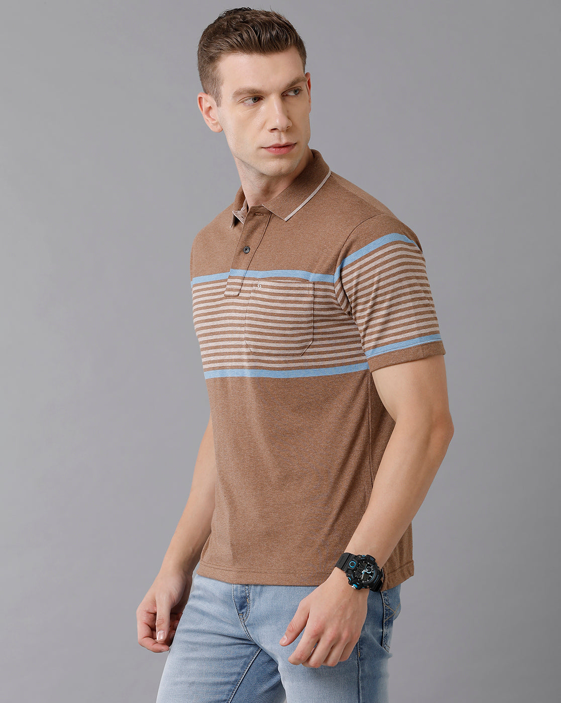 Classic Polo Men's Cotton Blend Striped Authentic Fit Brown T-Shirt | Mel - 216 A
