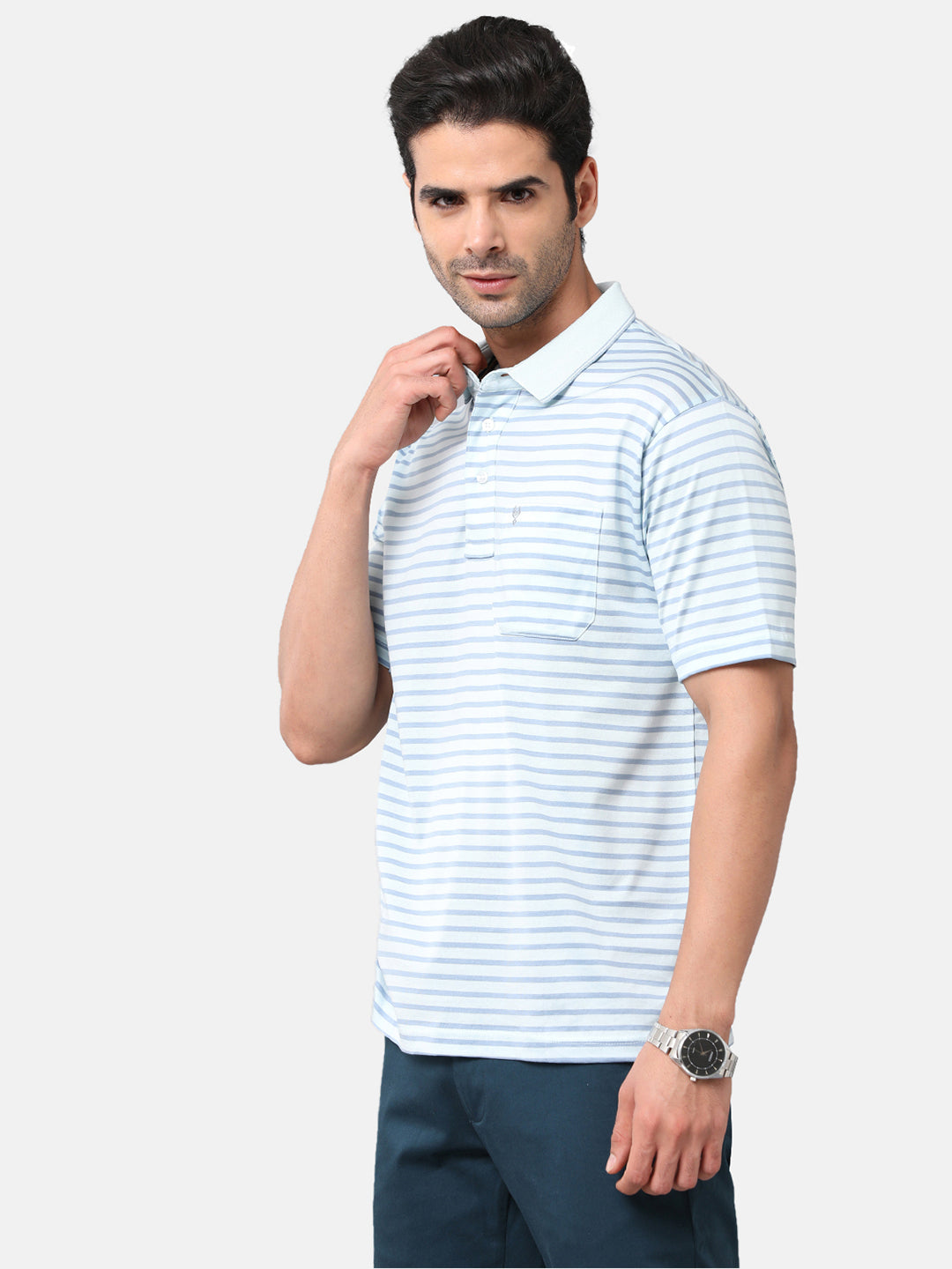 Classic Polo Mens Cotton Striped Authentic Fit Polo Neck Sky Blue Color T-Shirt | ultimo 272A