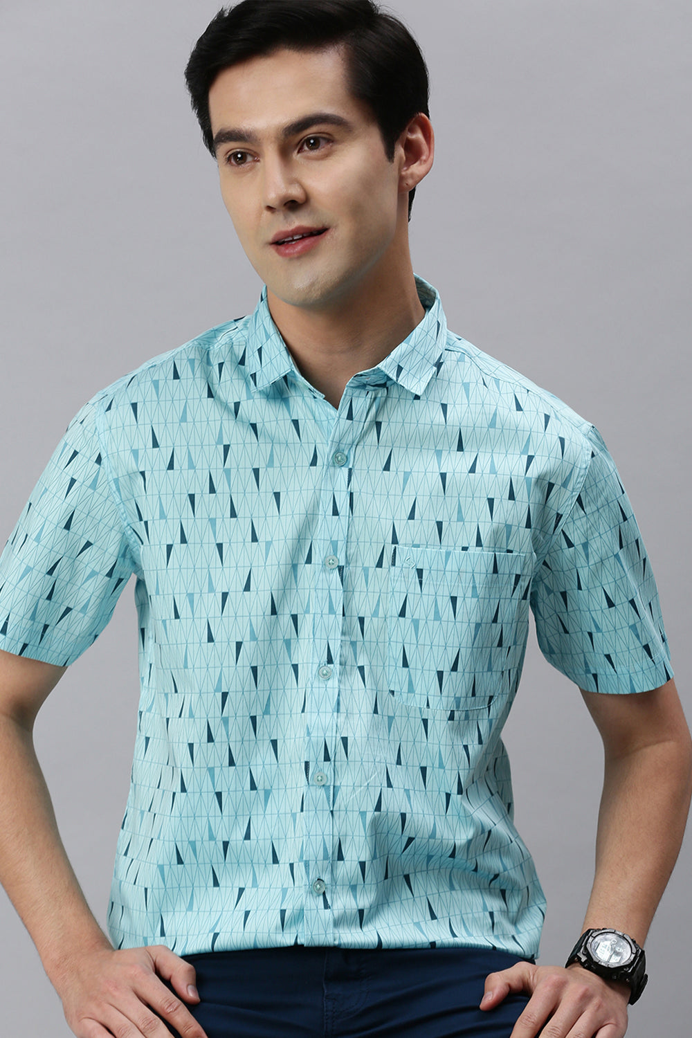 Classic Polo Men's Cotton Half Sleeve Printed Slim Fit Polo Neck Light Blue Color Woven Shirt | So1-150 B