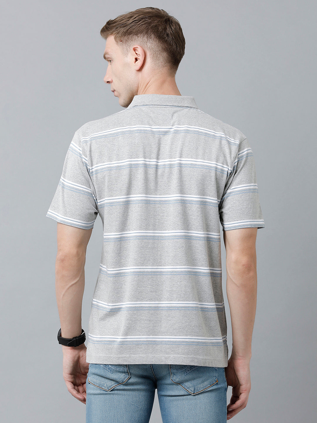 Classic Polo Men's Cotton Blend Half Sleeve Striped Authentic Fit Polo Neck Light Grey Color T-Shirt | Avon - 527 B