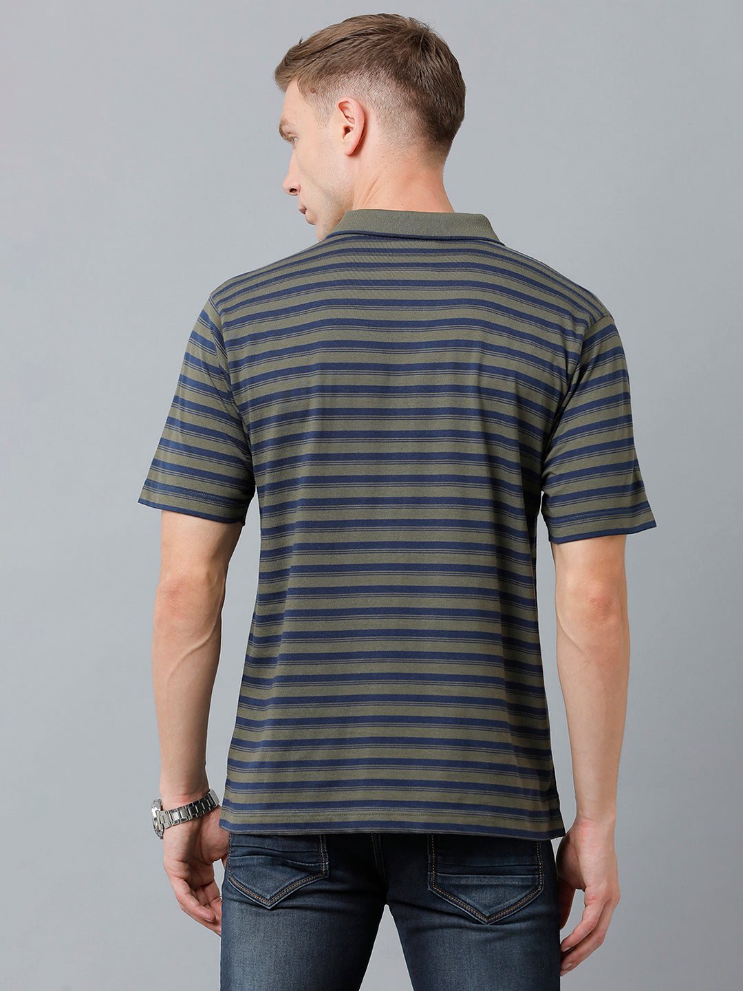 Classic Polo Men's Cotton Half Sleeve Striped Authentic Fit Polo Neck Olive Green Color T-Shirt | Feeders - 221 A
