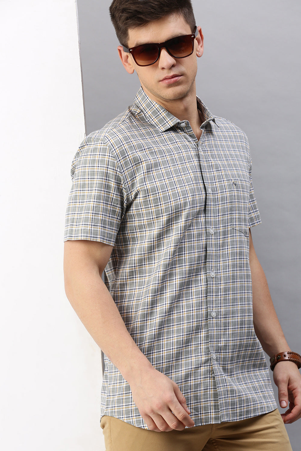 Classic Polo Men's Cotton Half Sleeve Checked Slim Fit Polo Neck Multicolur Woven Shirt | So1-66 A