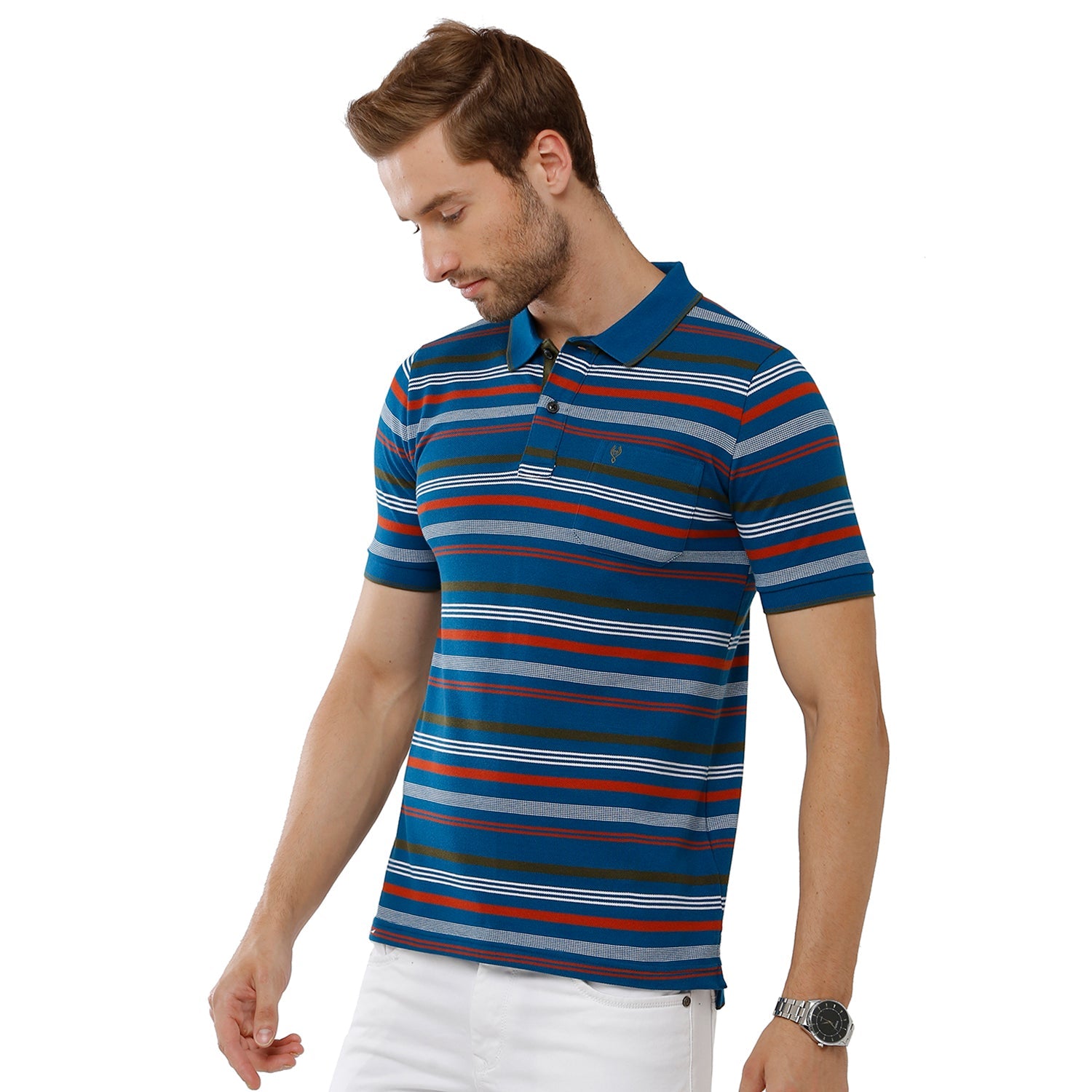 Classic Polo Mens Cotton Navy & Red Color Striped Slim Fit Polo Neck T-Shirt - Adore 165 B T-shirt Classic Polo 