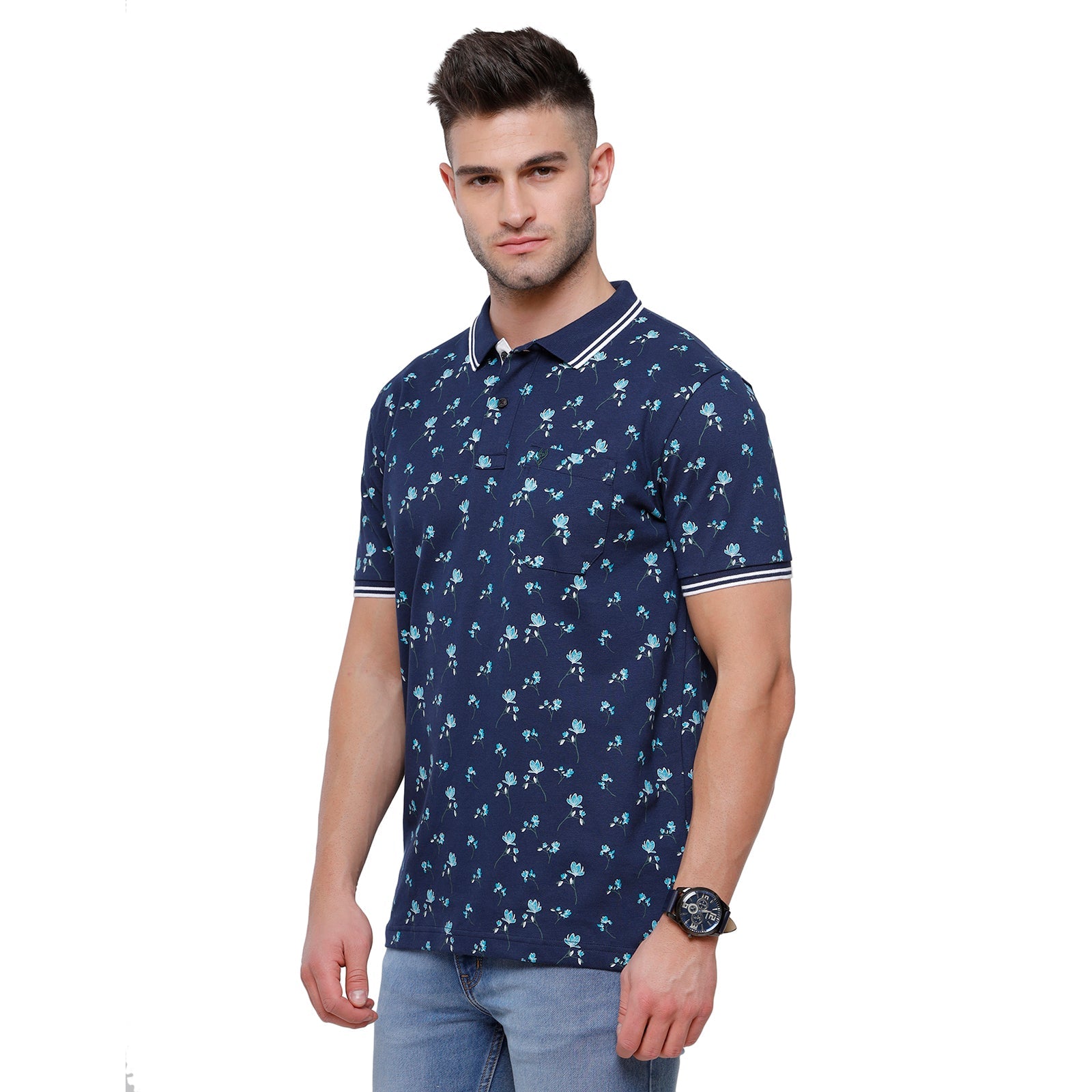 Classic Polo Mens Printed Slim Fit Polo Neck Navy Colour T-Shirt - Beau 166 B T-shirt Classic Polo 