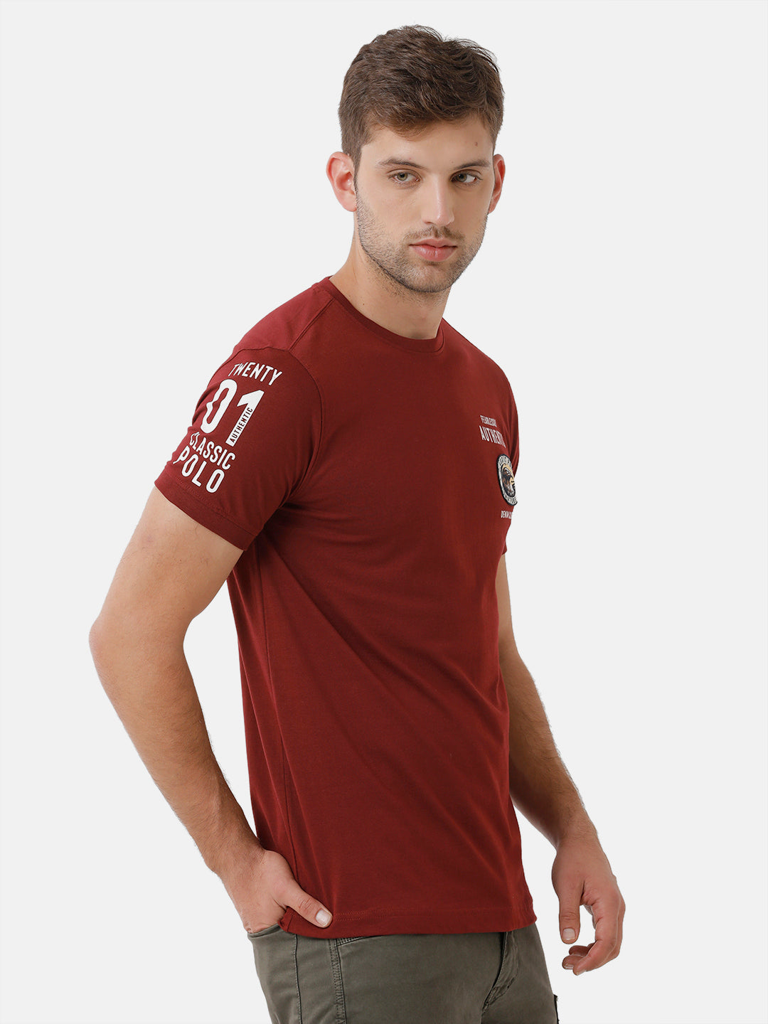 Classic Polo Mens Cotton Printed Half Sleeve Slim Fit Round Neck Red Color T-Shirt | Baleno 407 B