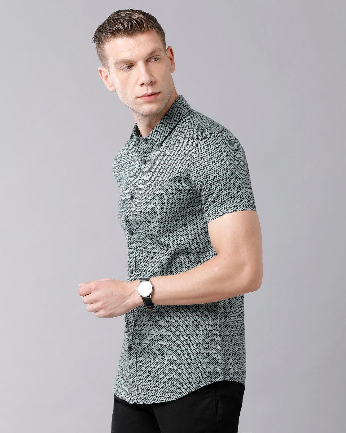 CP BRO Men's Cotton Printed Half Sleeve Slim Fit Polo Neck Grey Color Woven Shirt | Sbn2-14 B