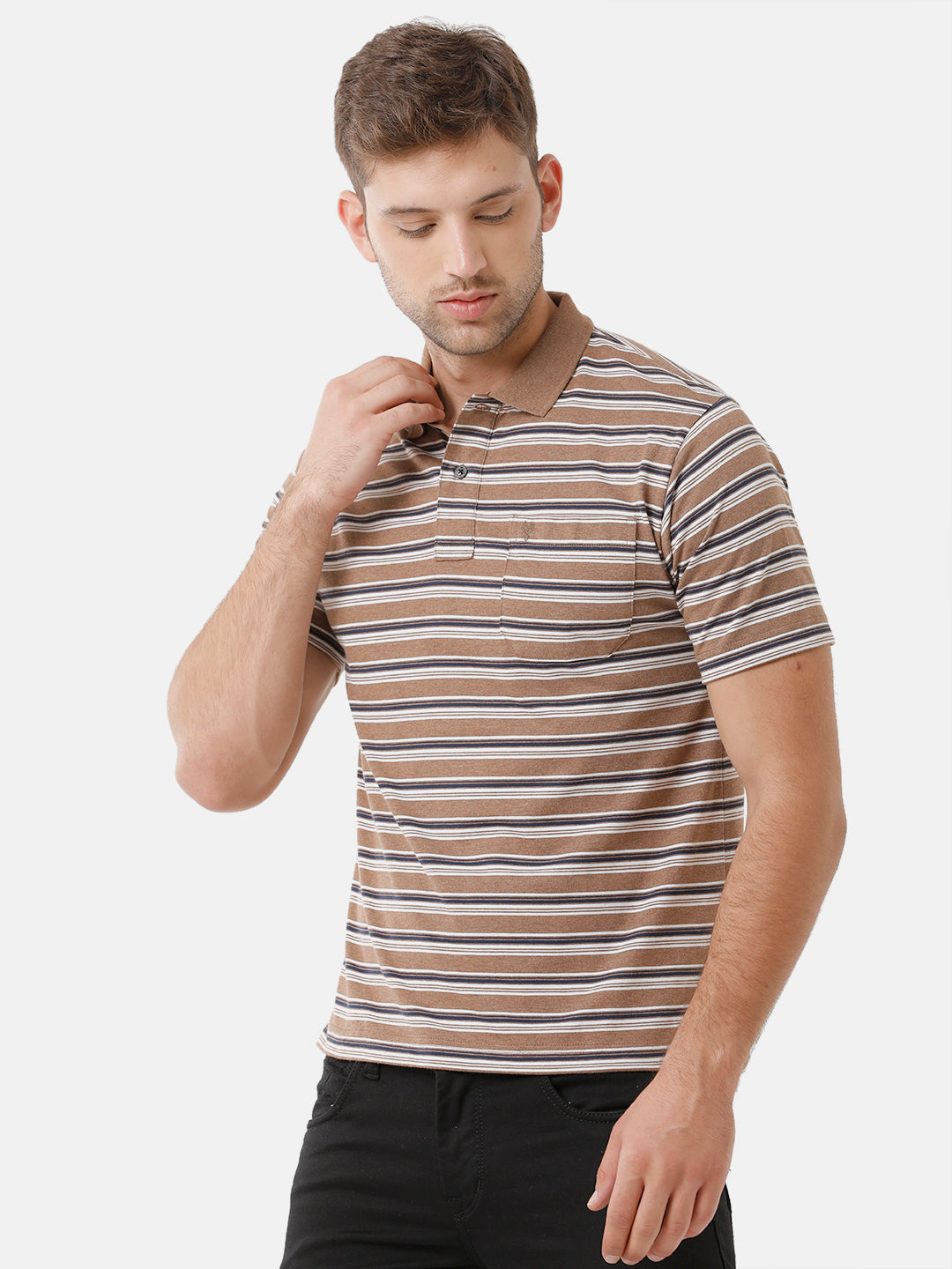 Classic Polo Mens Cotton Half Sleeve Striped Authentic Fit Polo Neck Brown Color T-Shirt | M.Flash 23