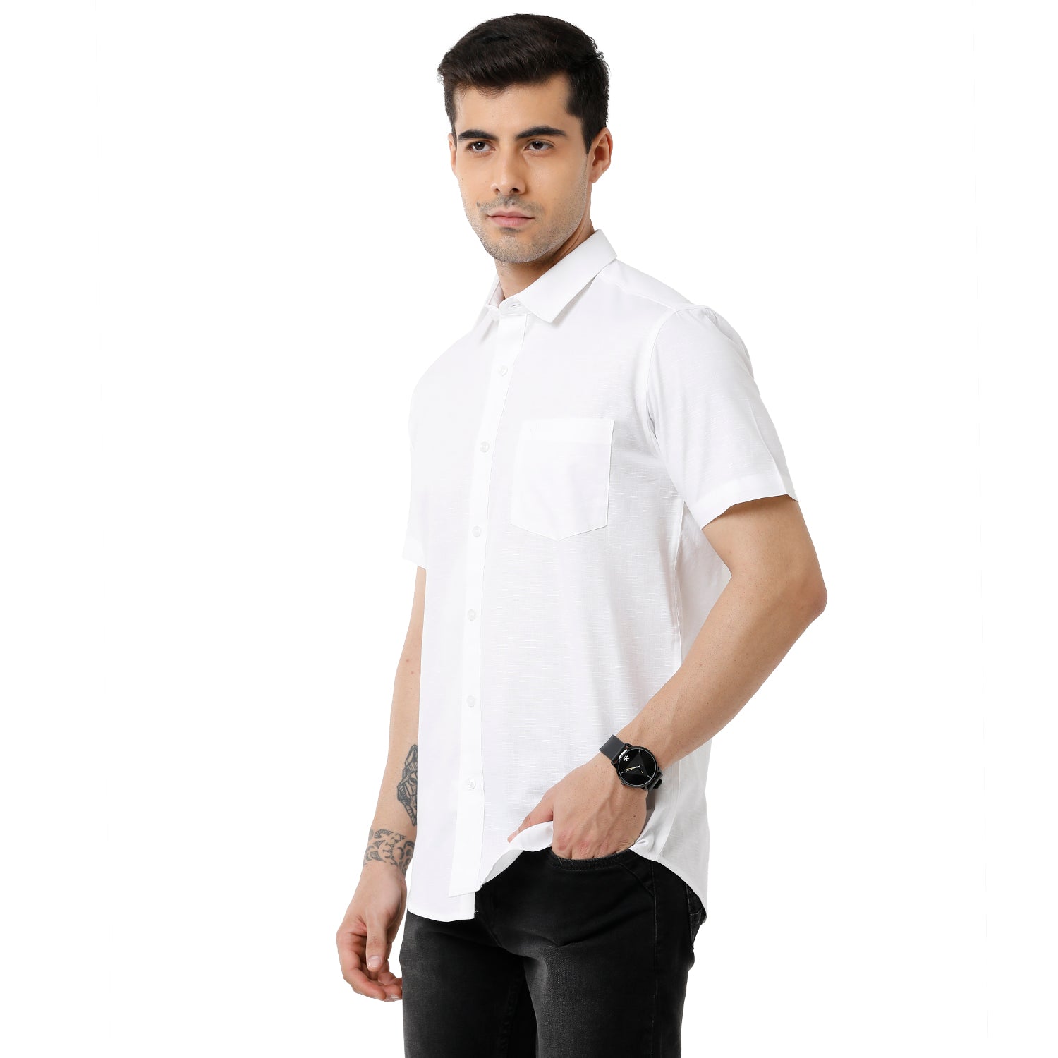 Classic Polo Mens 100% Cotton Solid Slim Fit Half Sleeve White Color Shirt - White-01 Shirts Classic Polo 