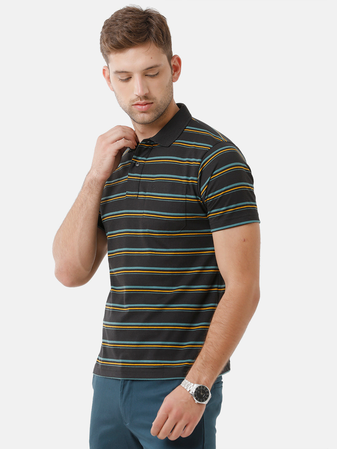Classic Polo Mens Cotton Blend Half Sleeve Striped Authentic Fit Polo Neck Black Color T-Shirt | Avon 495 B