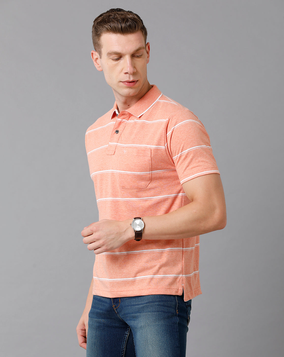 Classic Polo Men's Cotton Blend Striped Authentic Fit Peach T-Shirt | Mel - 211 A