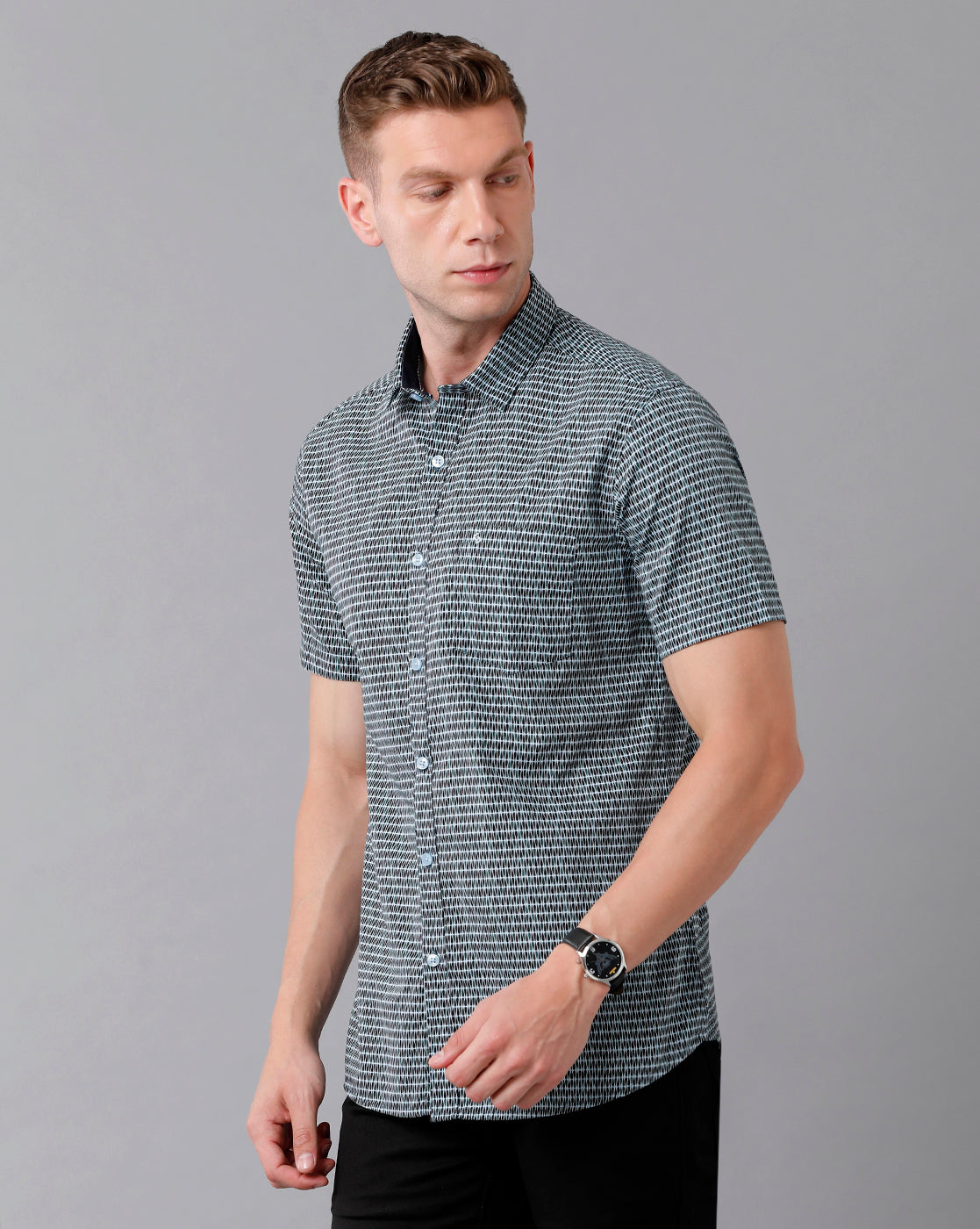 Classic Polo Men's Cotton Printed Half Sleeve Slim Fit Polo Neck Black Color Woven Shirt | Sfd2- 32