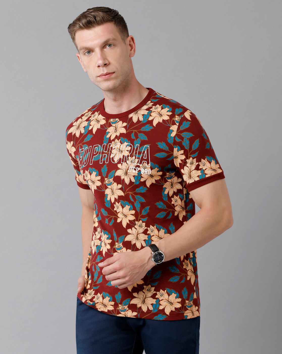 CP BRO Men's Cotton Floral Print Half Sleeve Slim Fit Round Neck Multicolor T-Shirt | Brcn - 492 B