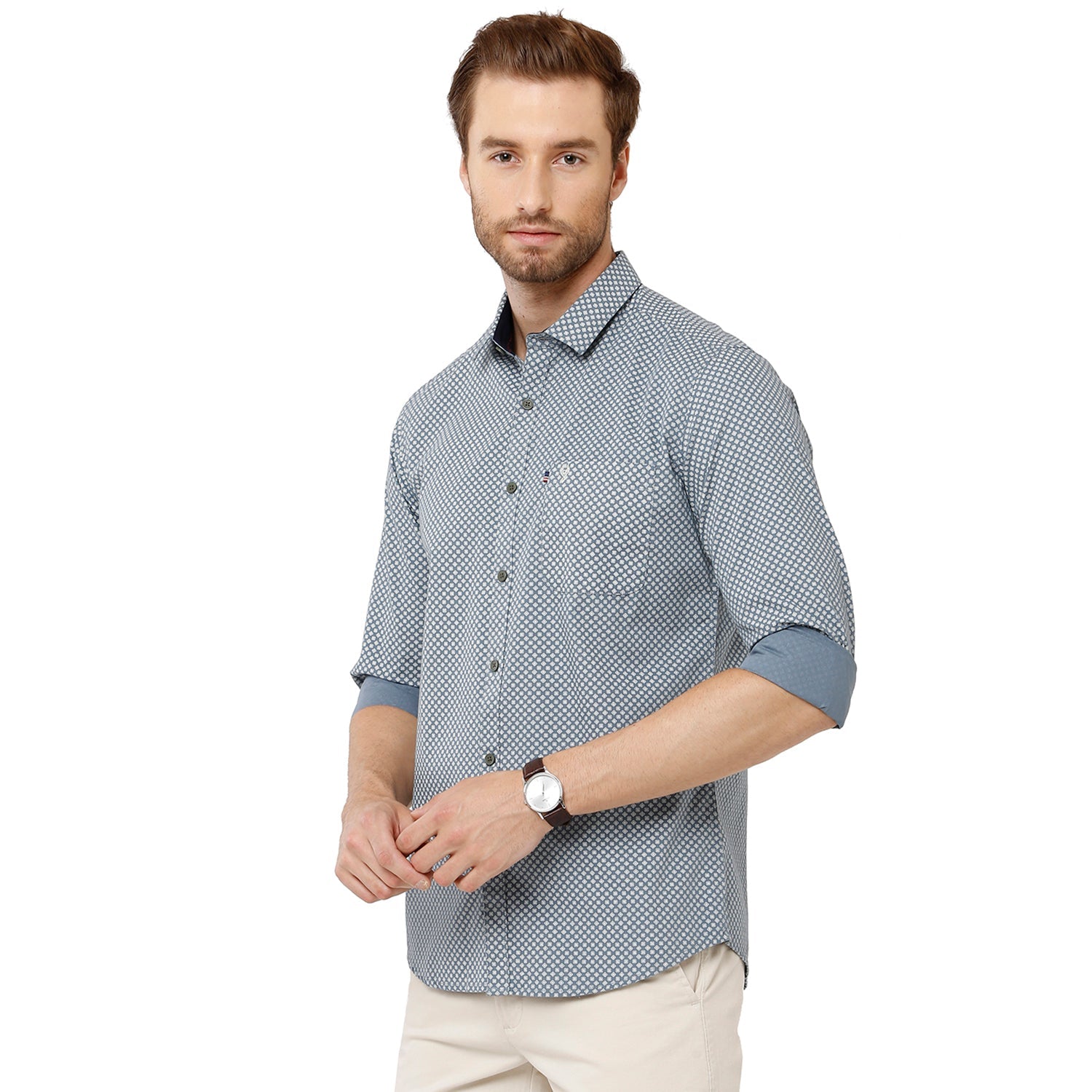 Classic Polo Mens 100% Cotton Full Sleeve Printed Slim Fit Grey Color Woven Shirt -SN1-56 A Classic Polo 