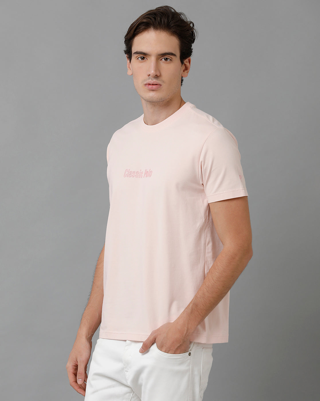 Classic Polo Mens Cotton Half Sleeve Solid Slim Fit Round Neck Pink C