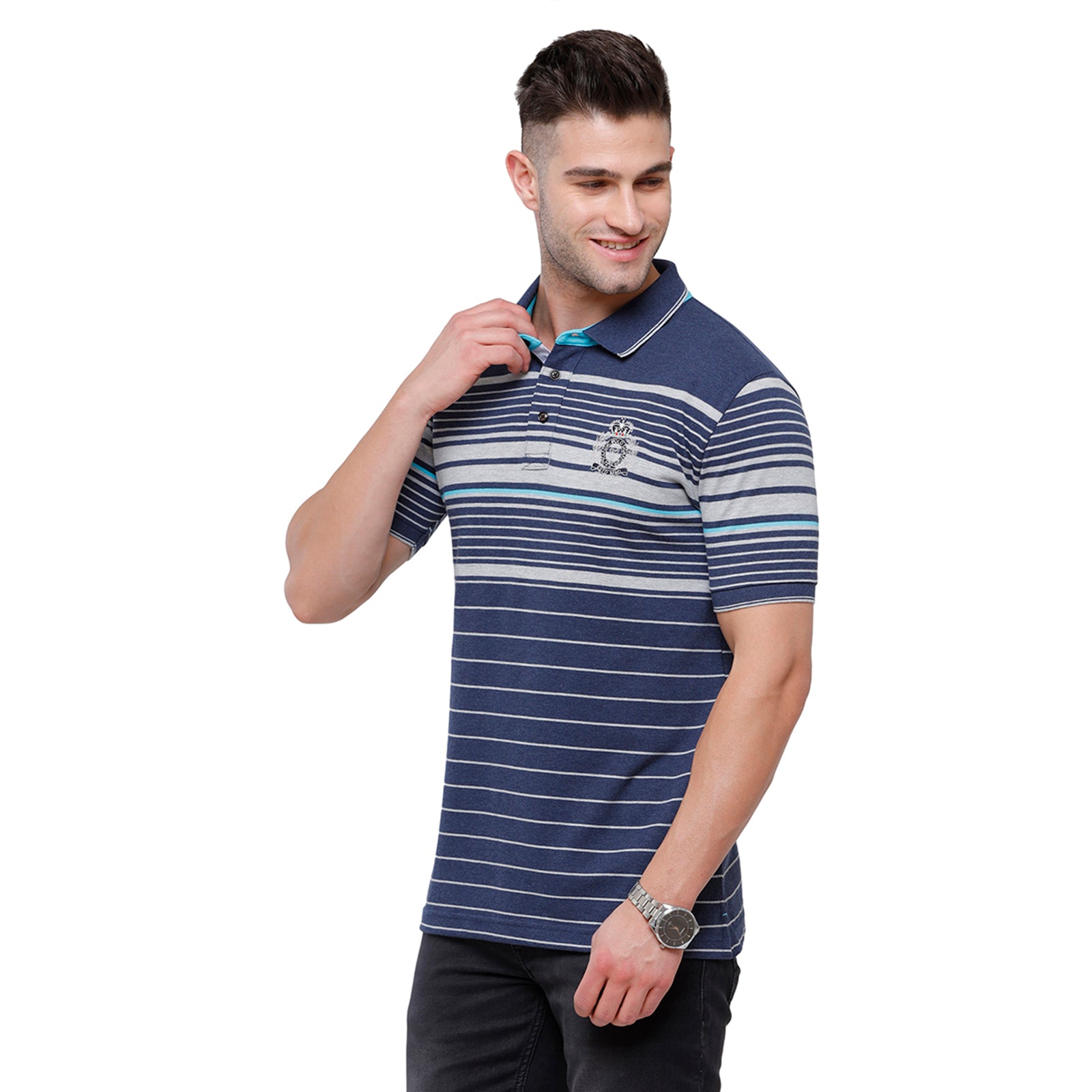 Classic Polo Mens Navy & Grey Stripped Half Sleeve Slim Fit Polo Neck T-Shirt - VTA 183 A T-shirt Classic Polo 