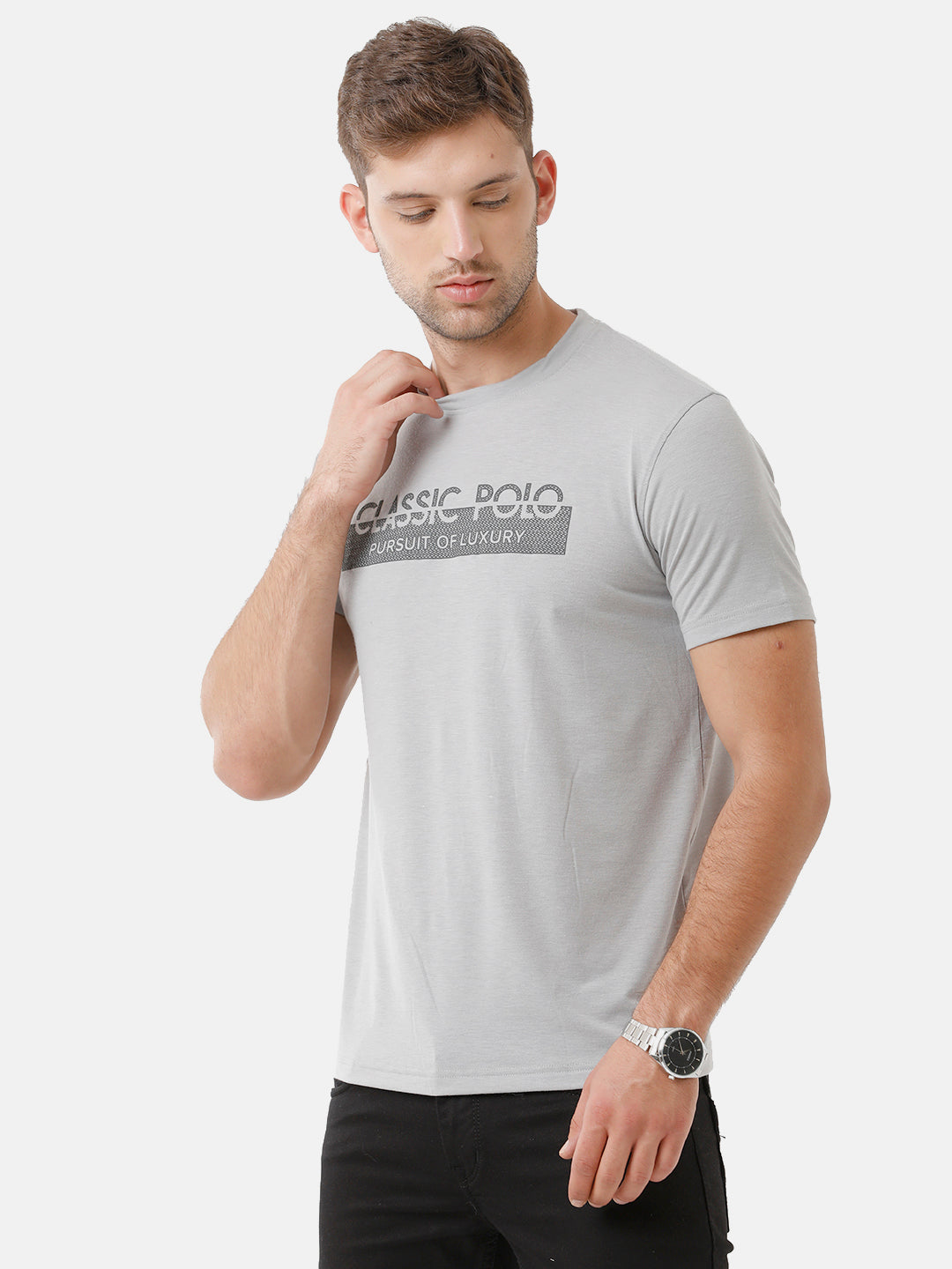 Classic Polo Mens Cotton Printed Half Sleeve Slim Fit Round Neck Grey Color T-Shirt | Baleno 479