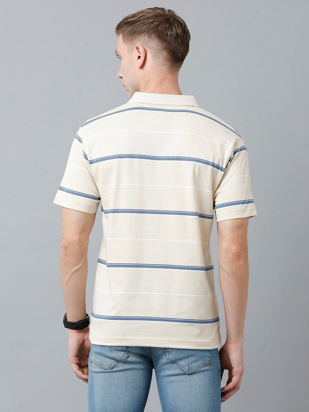 Classic Polo Men's Cotton Blend Half Sleeve Striped Authentic Fit Polo Neck Cream Color T-Shirt | Avon - 520 A
