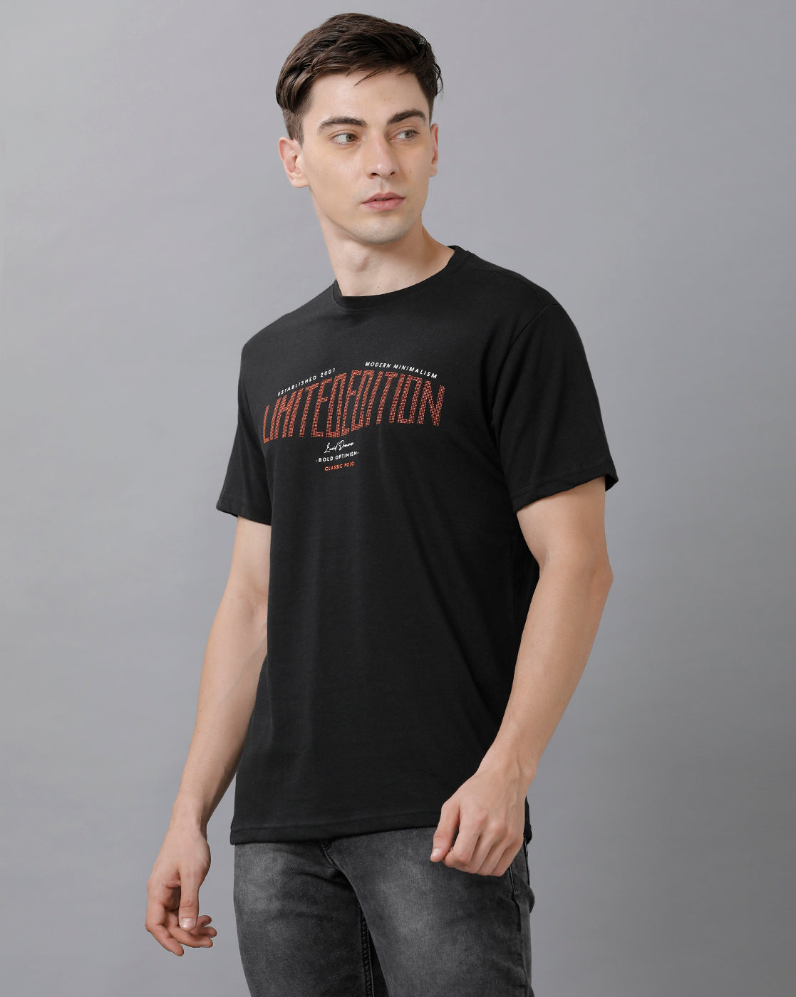 Classic Polo Mens Cotton Printed Half Sleeve Slim Fit Round Neck Black Color T-Shirt | Baleno 489