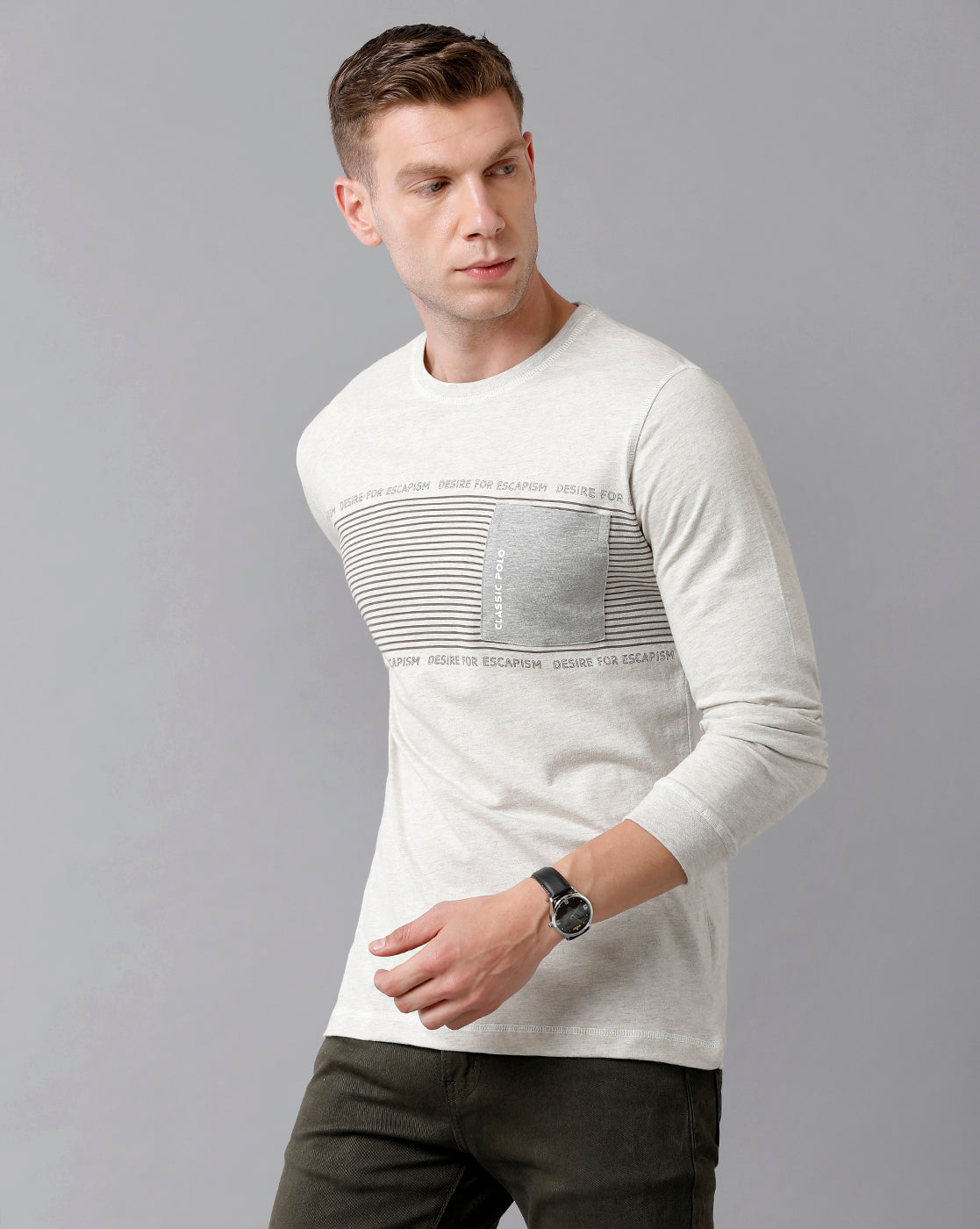 Classic Polo Men's Cotton Printed Full Sleeve Slim Fit Round Neck White Color T-Shirt | Baleno Fs - 478 A