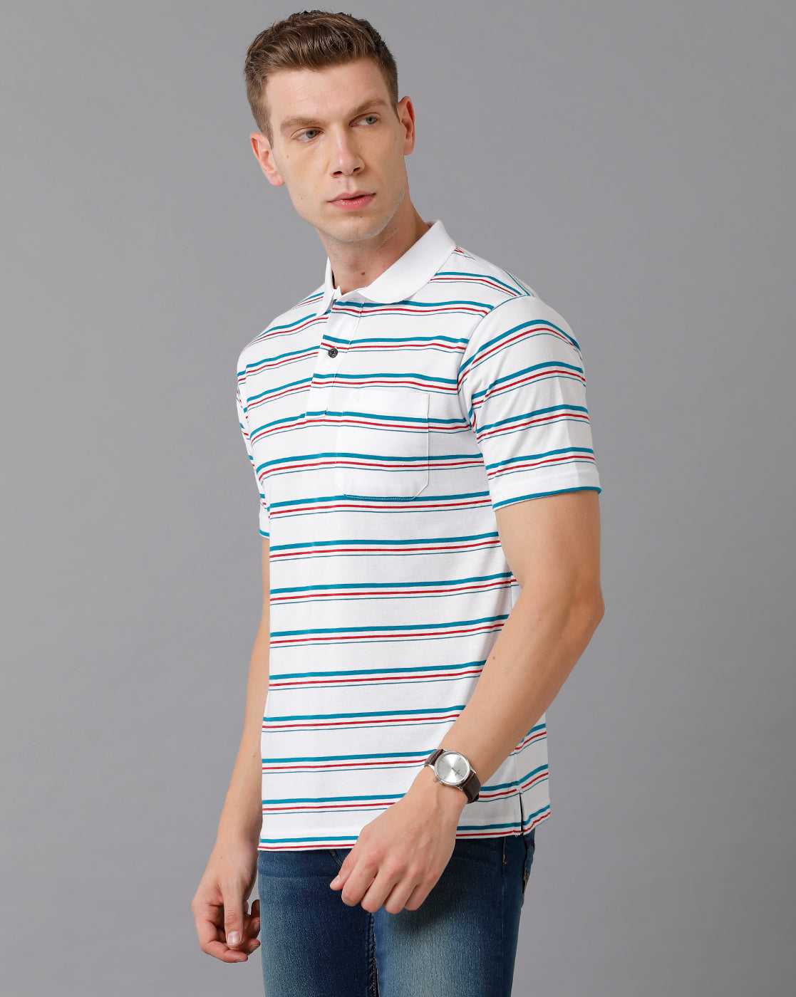 Classic Polo Men's Cotton Blend Striped Authentic Fit White T-Shirt | Avon - 495 A