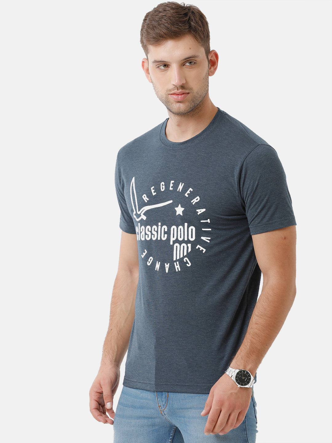 Classic Polo Mens Cotton Printed Half Sleeve Slim Fit Round Neck Navy Color T-Shirt | Baleno 482
